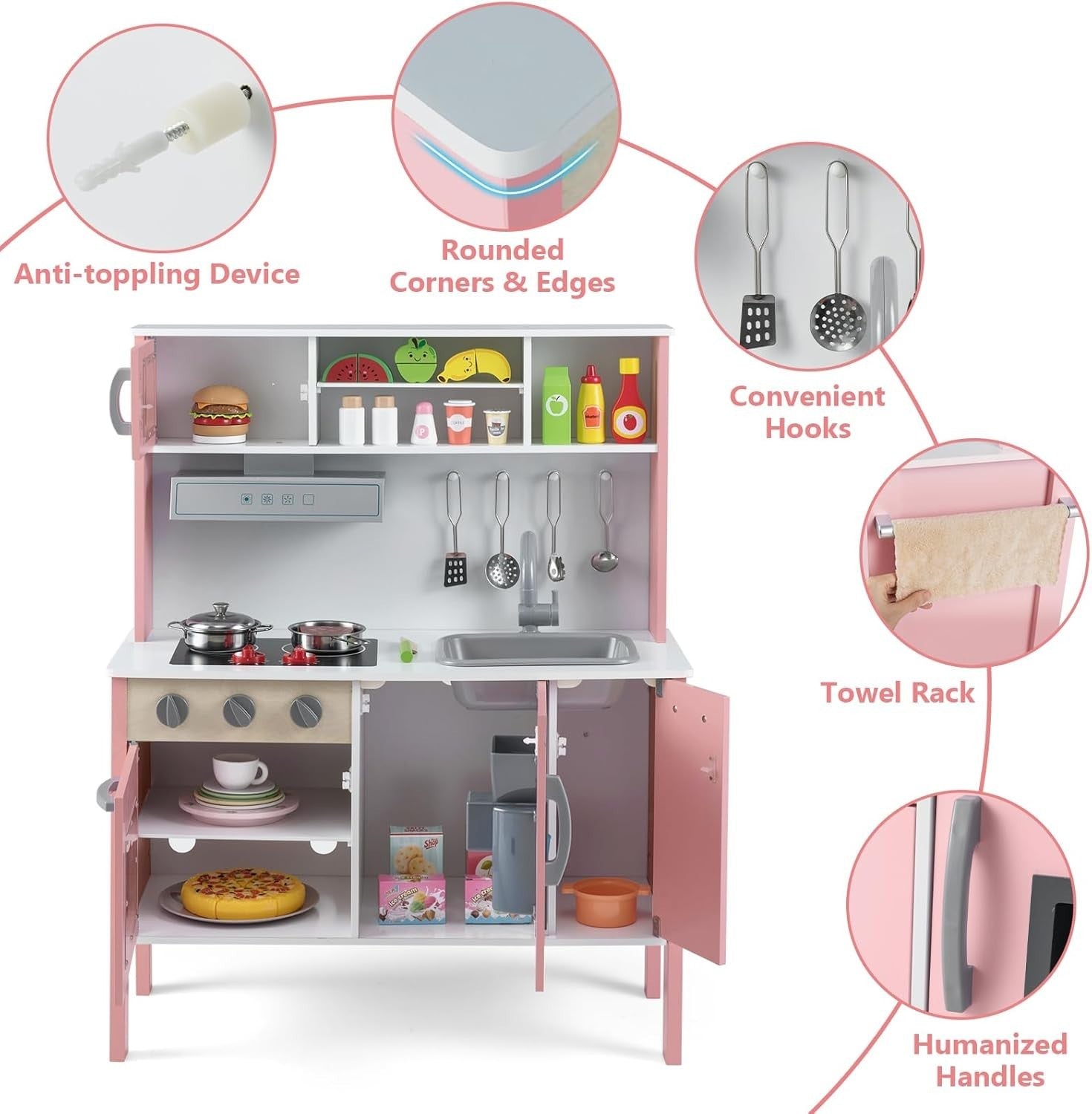 Wooden Kids Play Kitchen Pink Ice Maker Cooking Toy Accessories