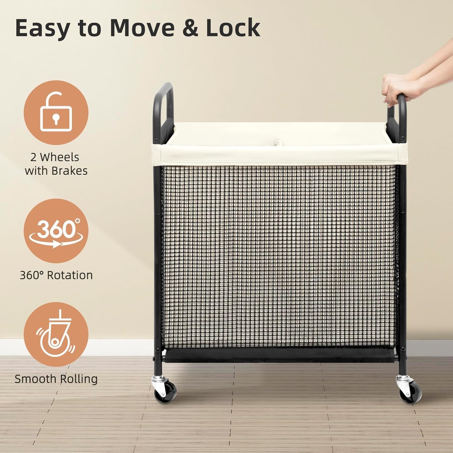 100L 2-Section Rolling Laundry Hamper | Removable Bags | Beige Laundry Cart Whee