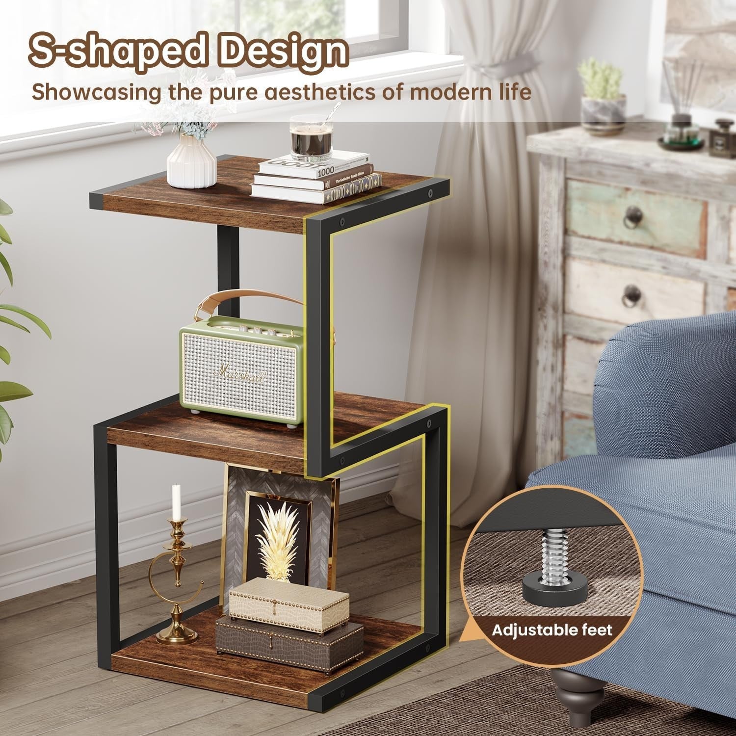 3-Tier S-Shape Side Table with Storage | Compact Rustic Brown Nightstand 40x30x7