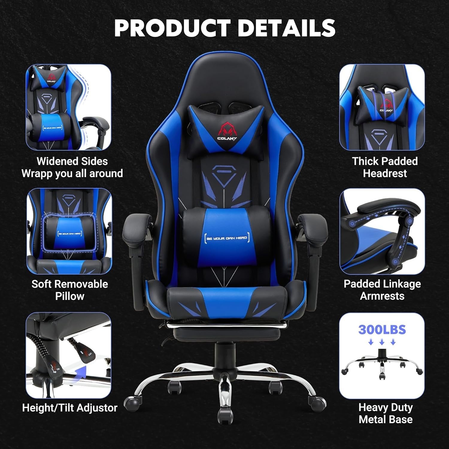 High Back Gaming Chair with Footrest Blue Faux Leather Computer Office Swivel Se