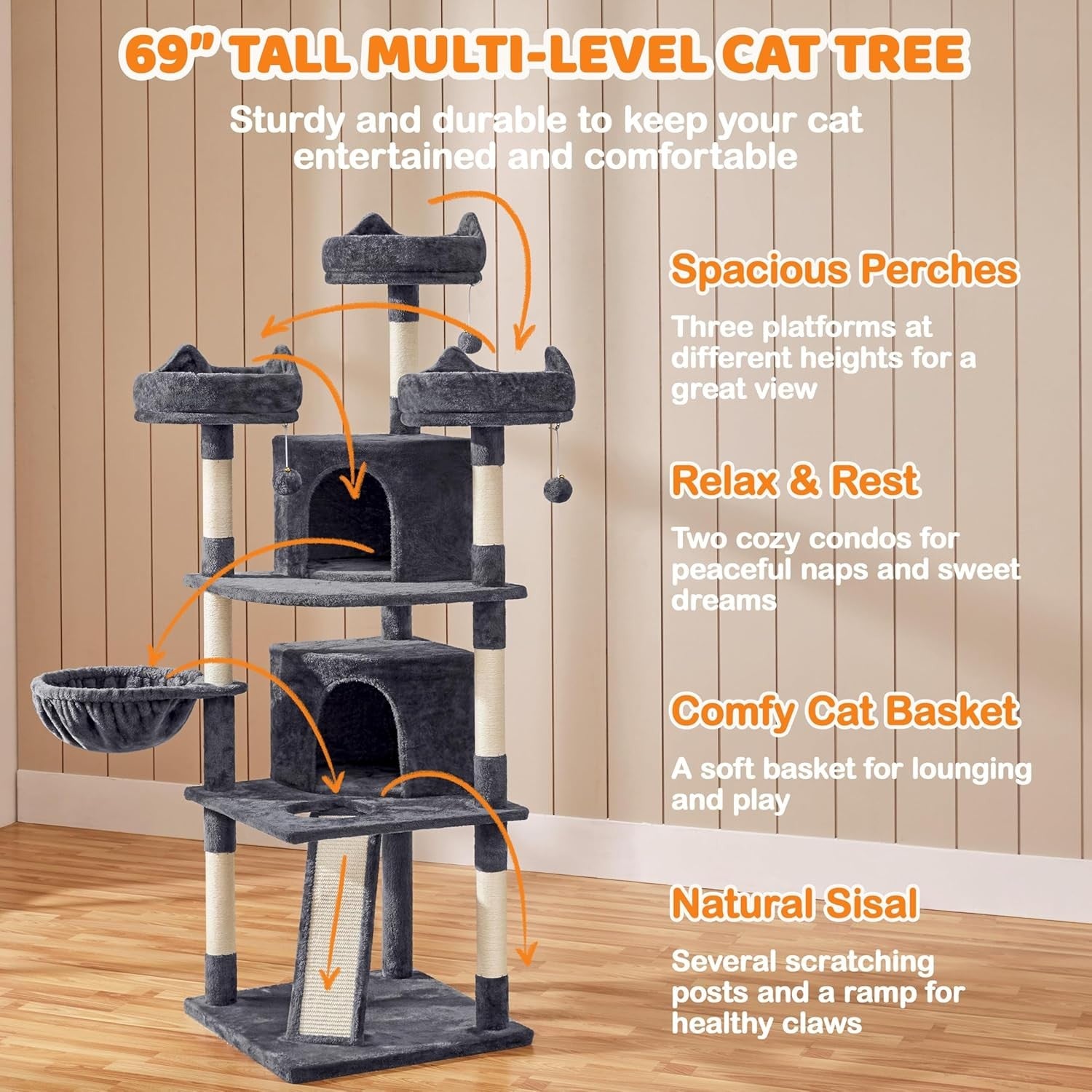 Tall Cat Tree Tower 175cm Multi Level Scratching Posts Condos Perches