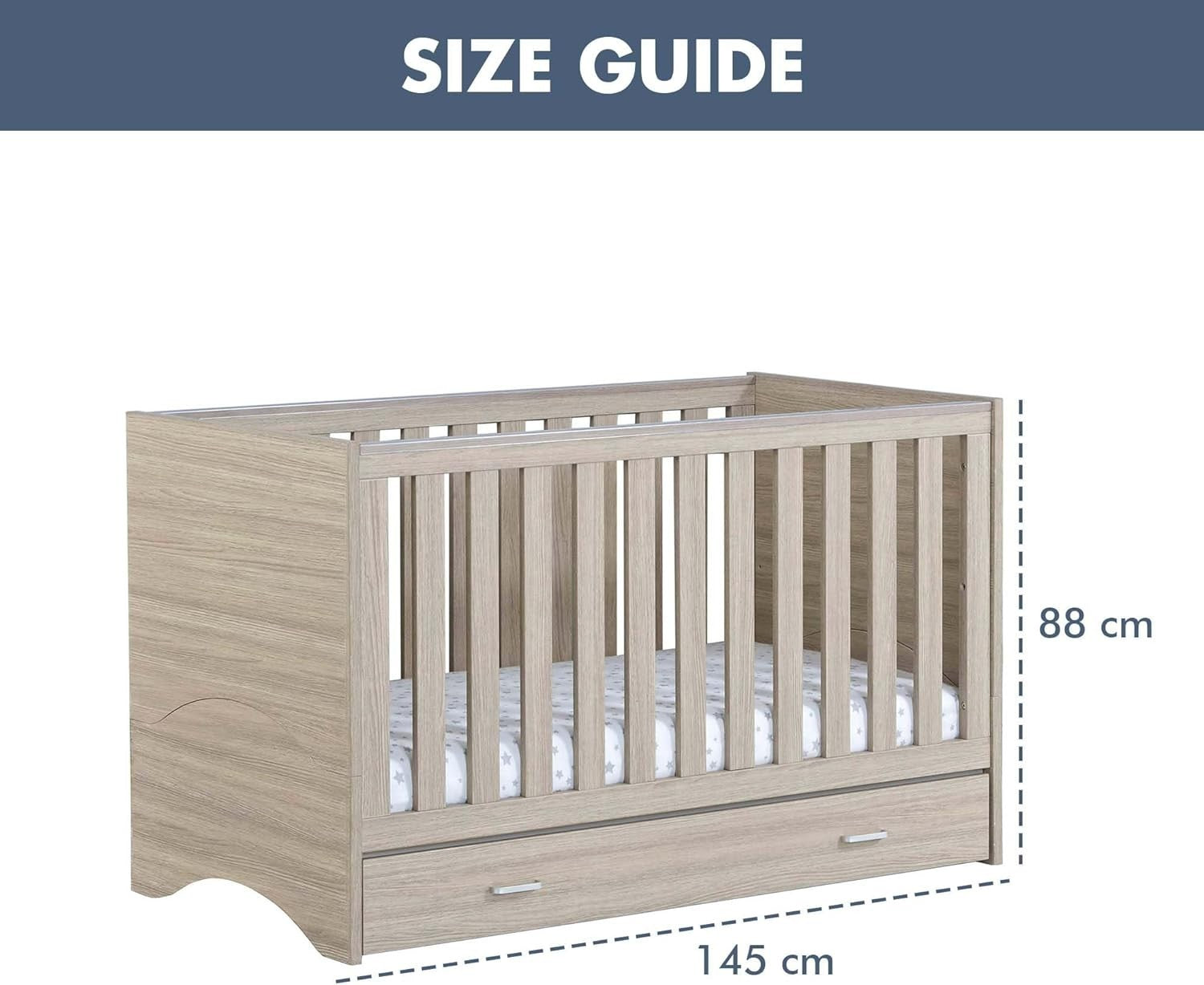 Convertible Baby Cot Bed with Drawer Toddler Bed Adjustable Mattress Height Oak