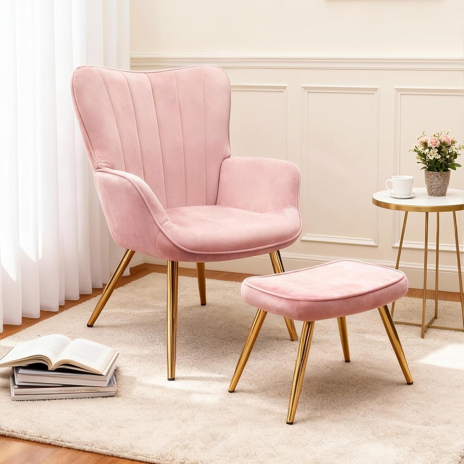 Wing Back Accent Armchair with Footstool Modern Lounge Chair Pink