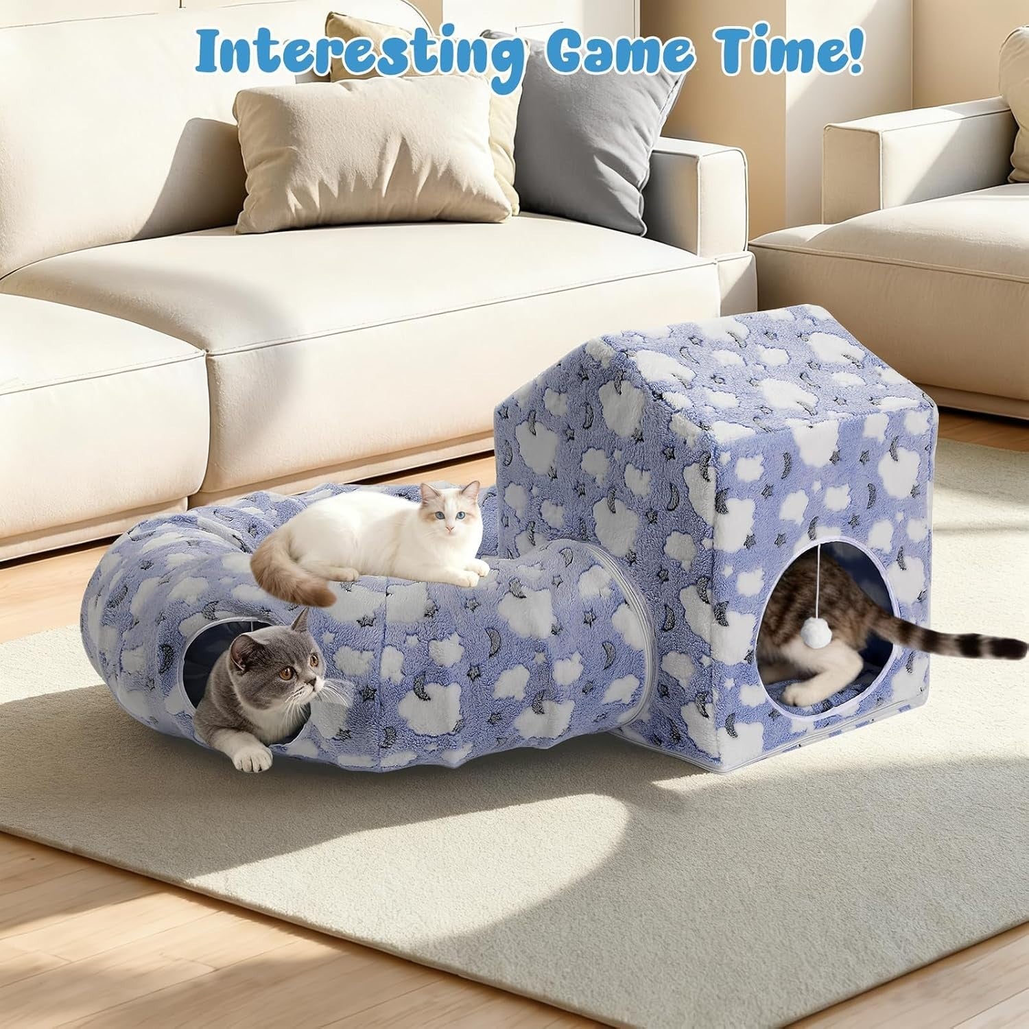 Cat Tunnel Bed Donut Play Tunnel w House Peekaboo Cave Washable Blue