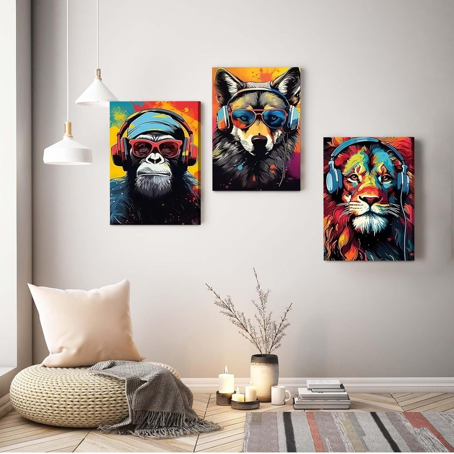 Vibrant Animal Canvas Wall Art Set of 3 Framed Prints 12x16 Modern Decor
