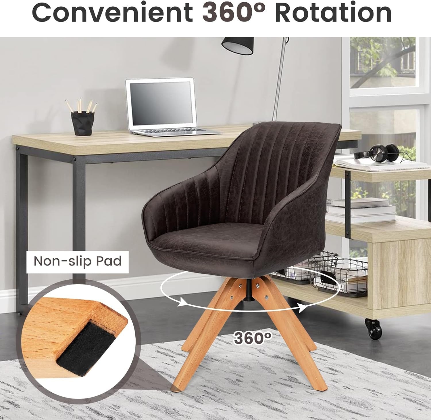 Set of 2 Brown Swivel Desk Chairs Tub Armchairs Wooden Legs