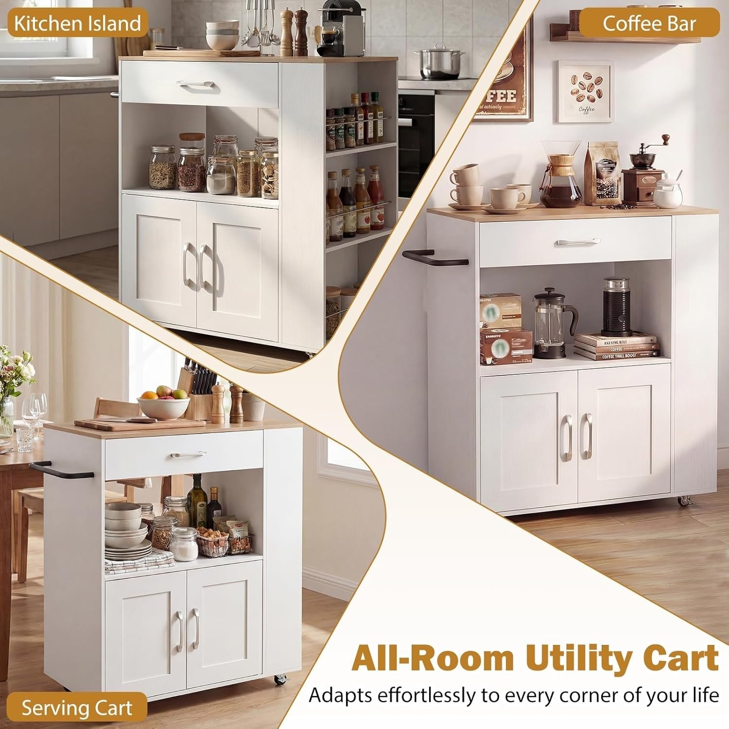 Kitchen Island Trolley White Natural with Spice Rack