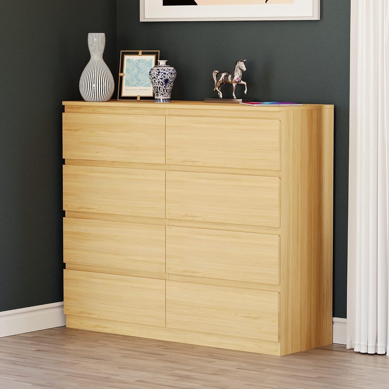 8 Drawer Chest Modern Wide Tallboy Storage Unit Pine Wood Finish