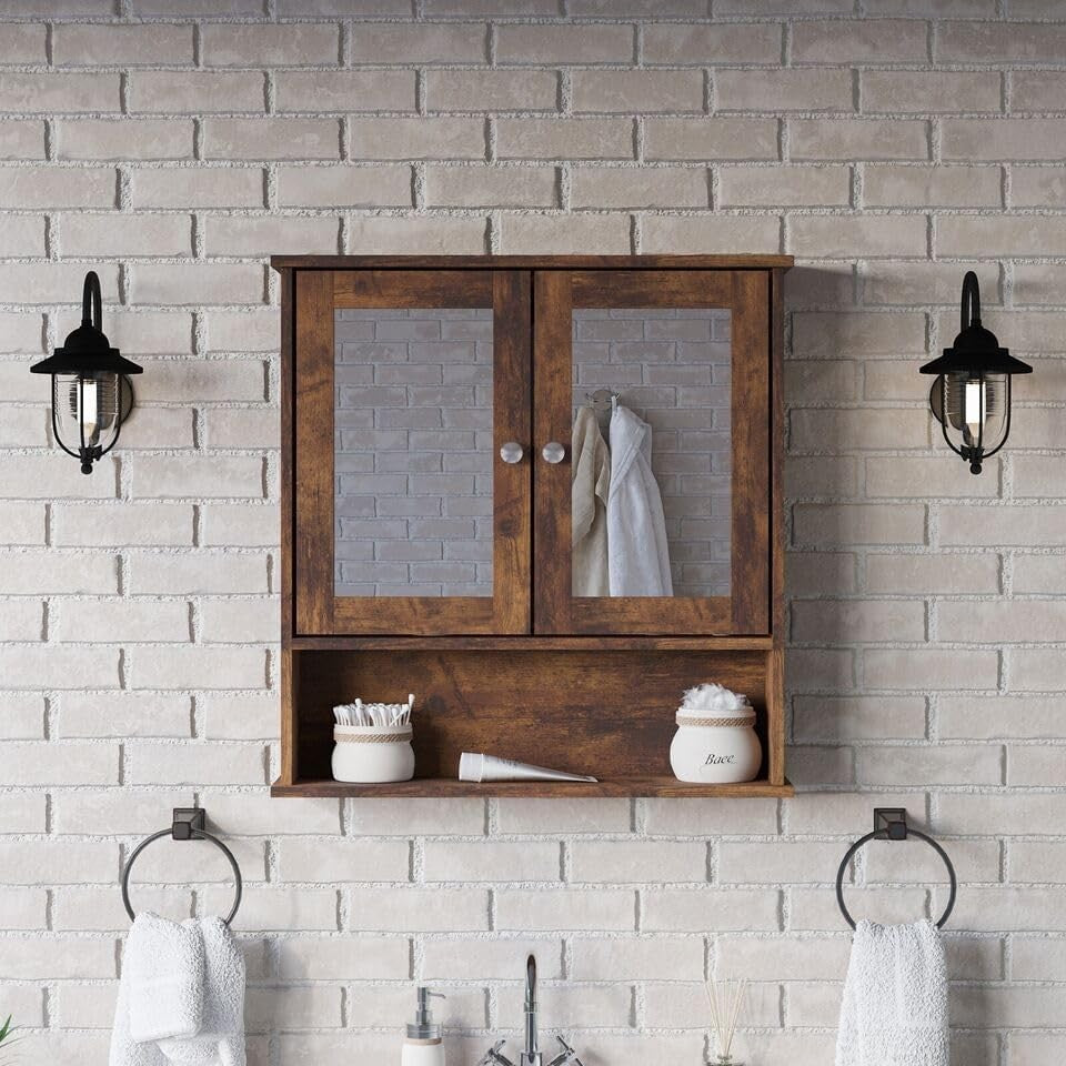 Rustic Brown 3 Piece Bathroom Set – Under Sink Cabinet, Mirror & Toilet Unit