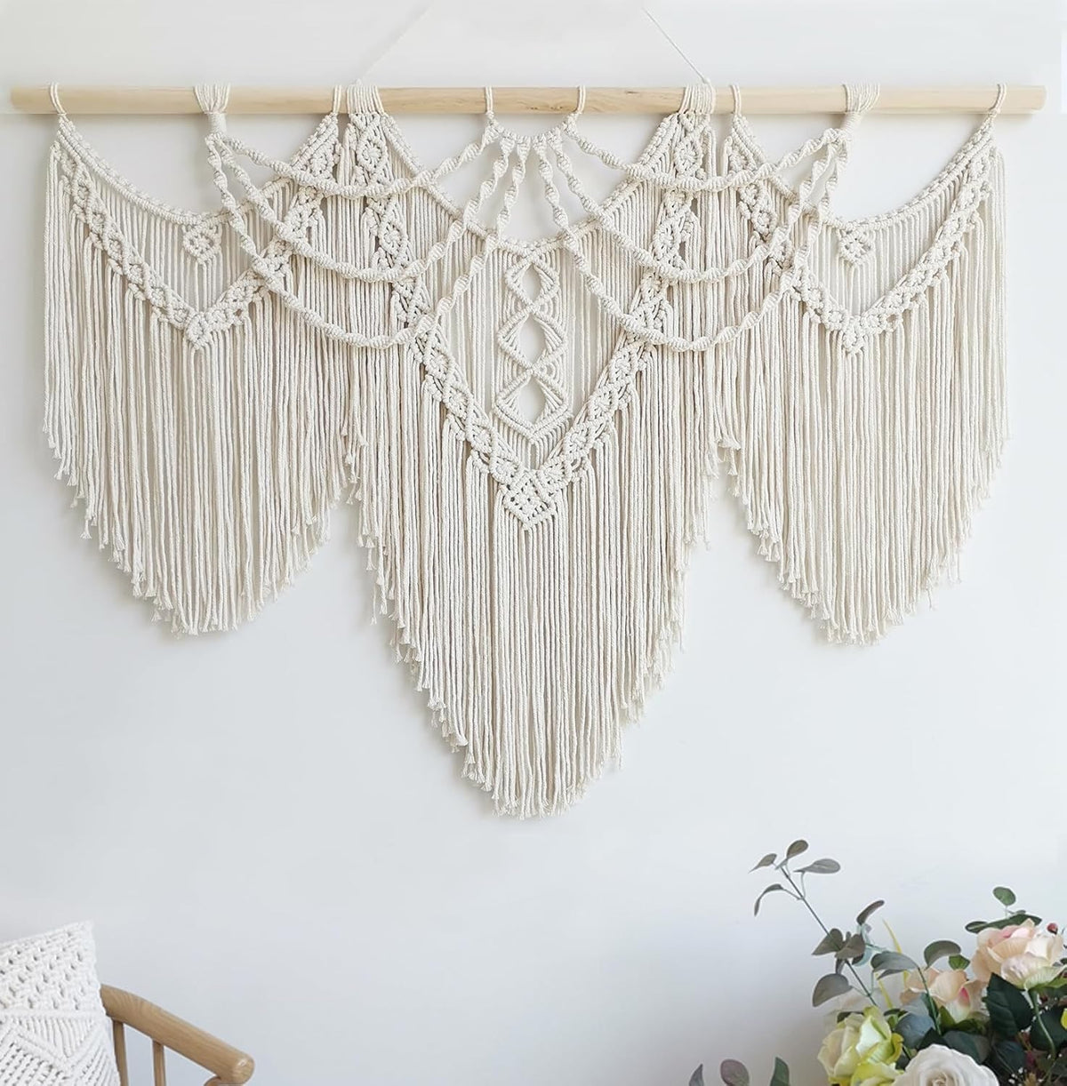 Large Boho Macrame Wall Hanging – Cotton Fringe Tapestry 43"x32"