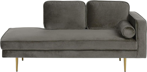 Grey Velvet Chaise Lounge Sofa | Modern Glam, Gold Legs, 79cm Seat Depth