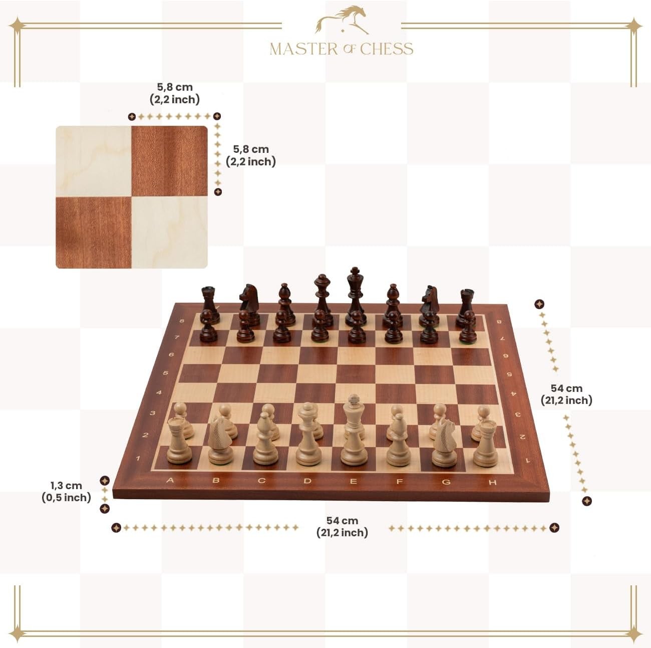 Luxury 54cm Wooden Chess Board XXL | Tournament Sycamore Mahogany Inlaid Board