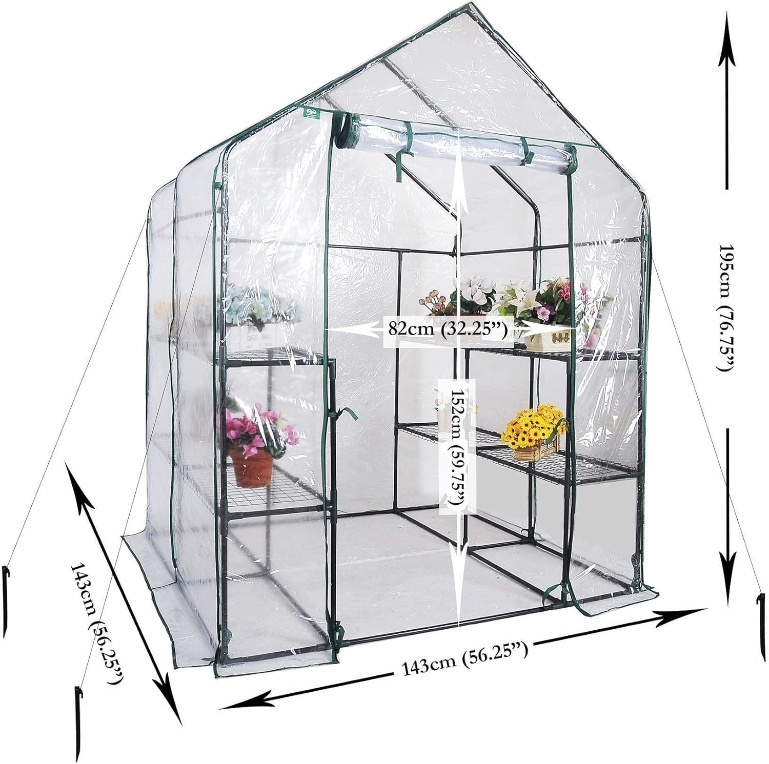 8-Shelf Walk-In Greenhouse 143x143x195cm Clear PVC Cover Outdoor Plant Shelter
