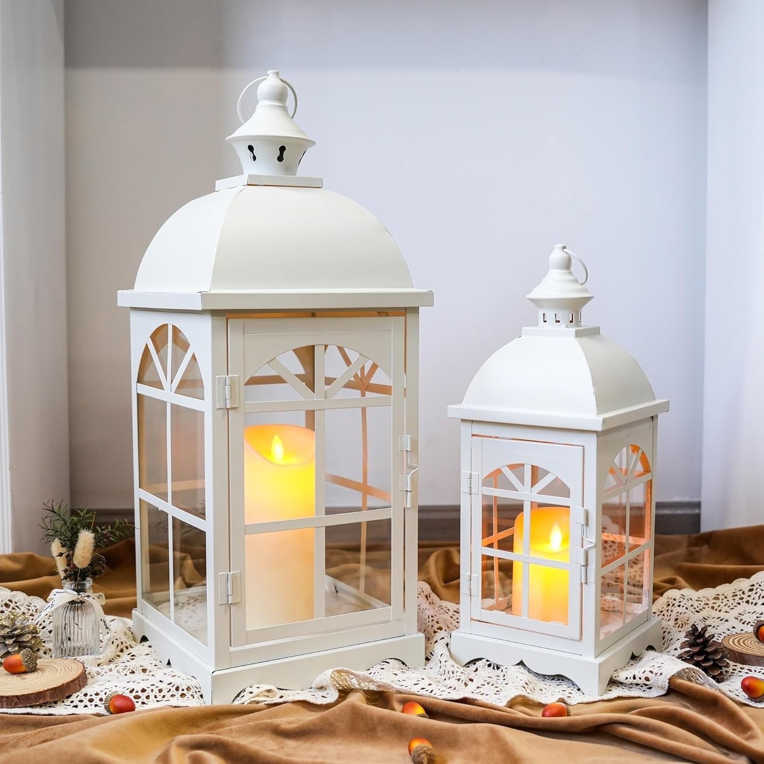 Set of 2 White Vintage Hanging Candle Lanterns 51.5 cm