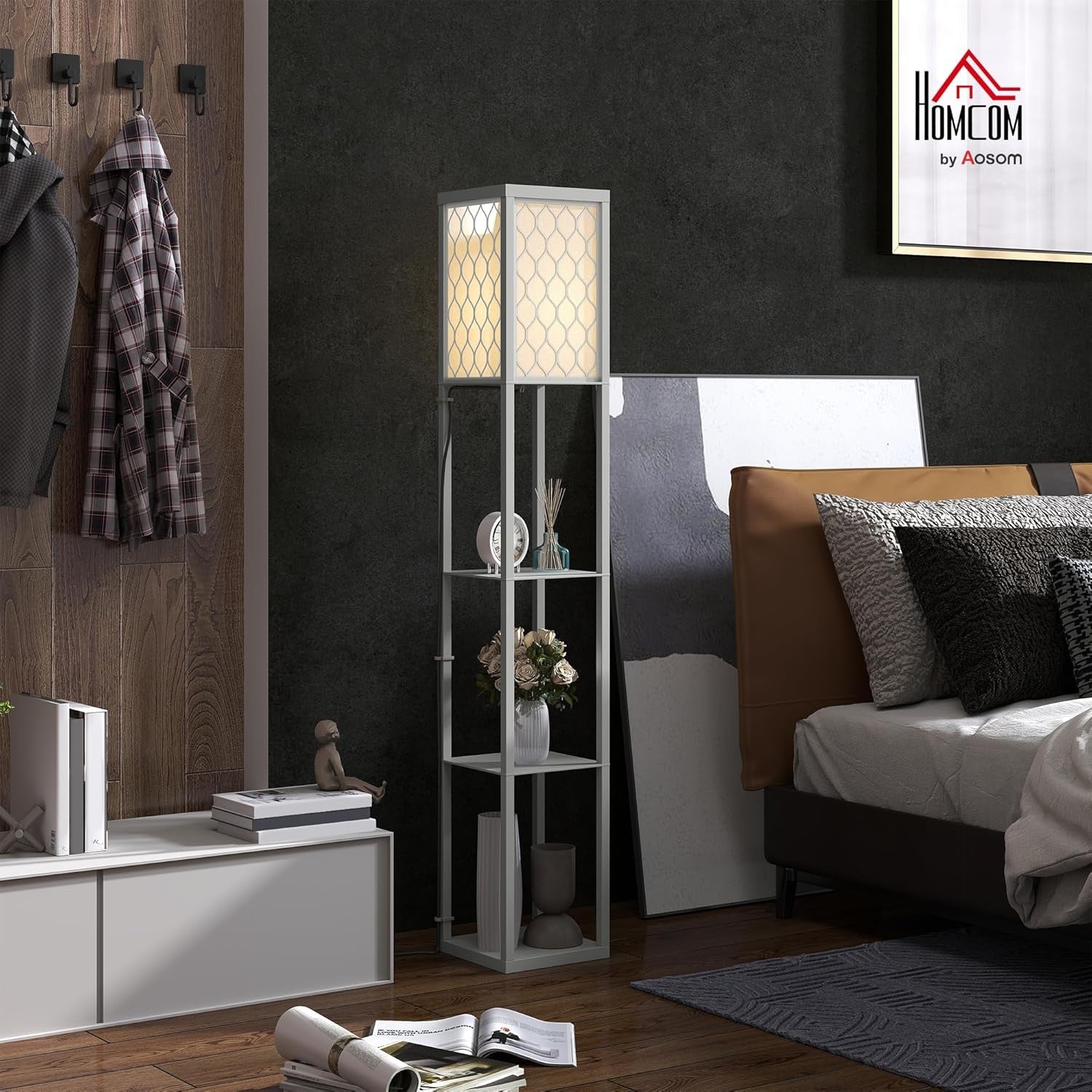 Floor Lamp with Shelves Tall Standing Light Fabric Shade Storage Unit