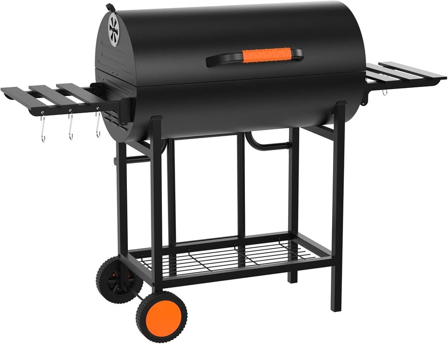 Extra Large Charcoal BBQ Grill Trolley 918 sq in Cooking Space w/ Side Tables