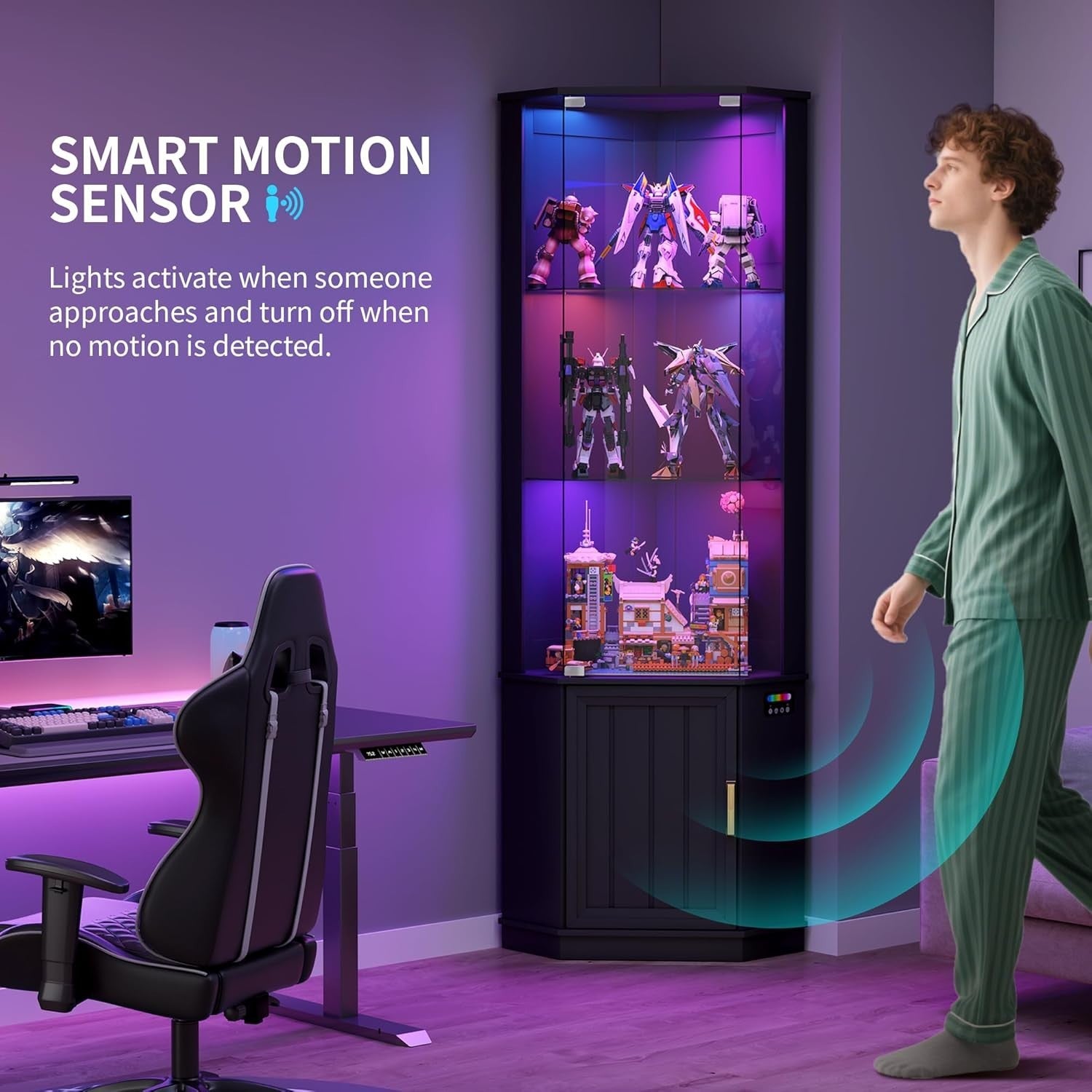 Corner Display Cabinet with RGB Lights, Glass Shelves & Motion Sensor