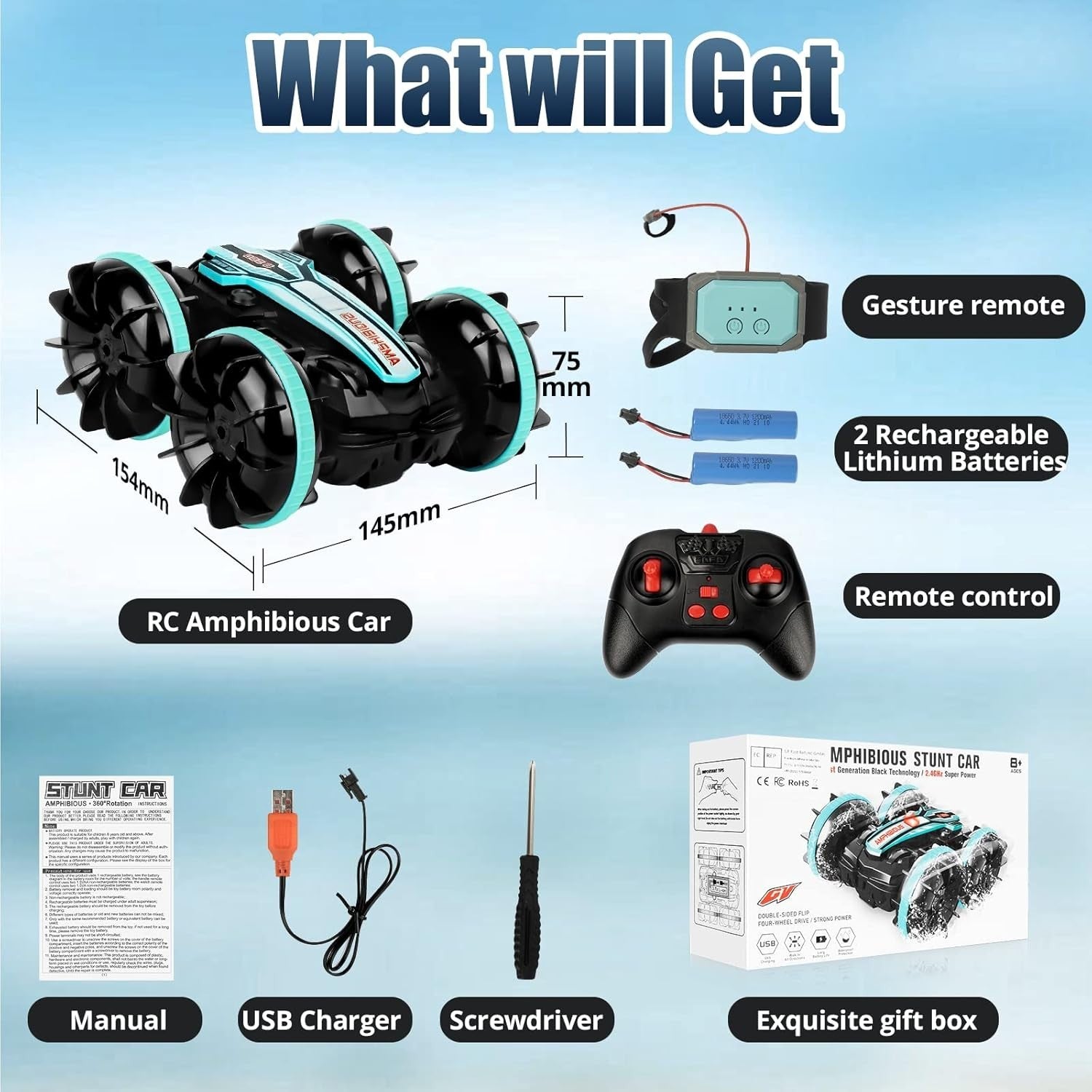 Amphibious RC Car 4WD for Kids 4-9+, Waterproof Remote Control Stunt Car