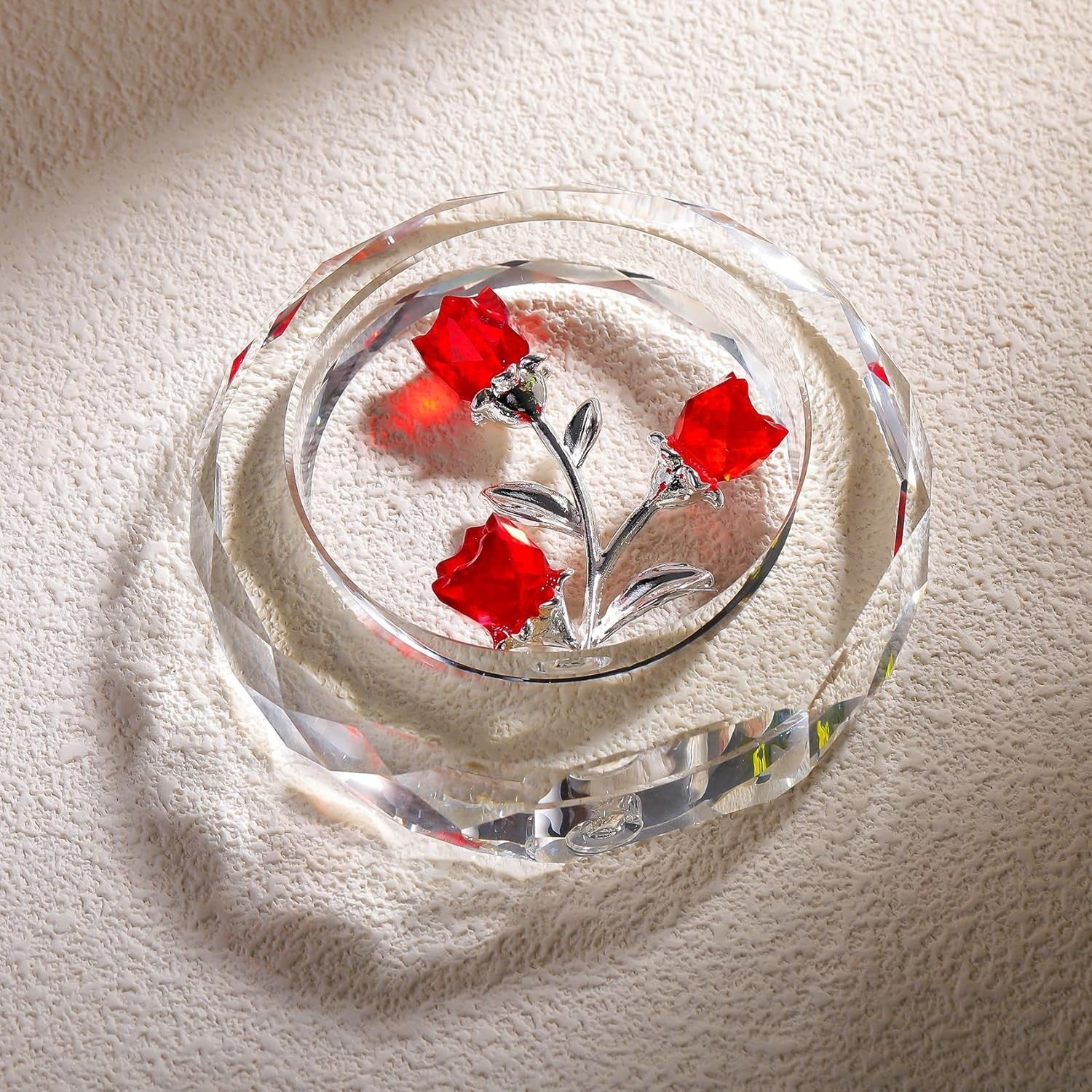 Red Crystal Rose Bouquet Ornament • Glass Flower Figurine Romantic Gift