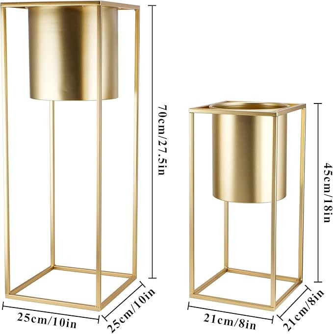 Set of 2 Gold Metal Planters with Stand Indoor Outdoor Tall Plant Pots Display