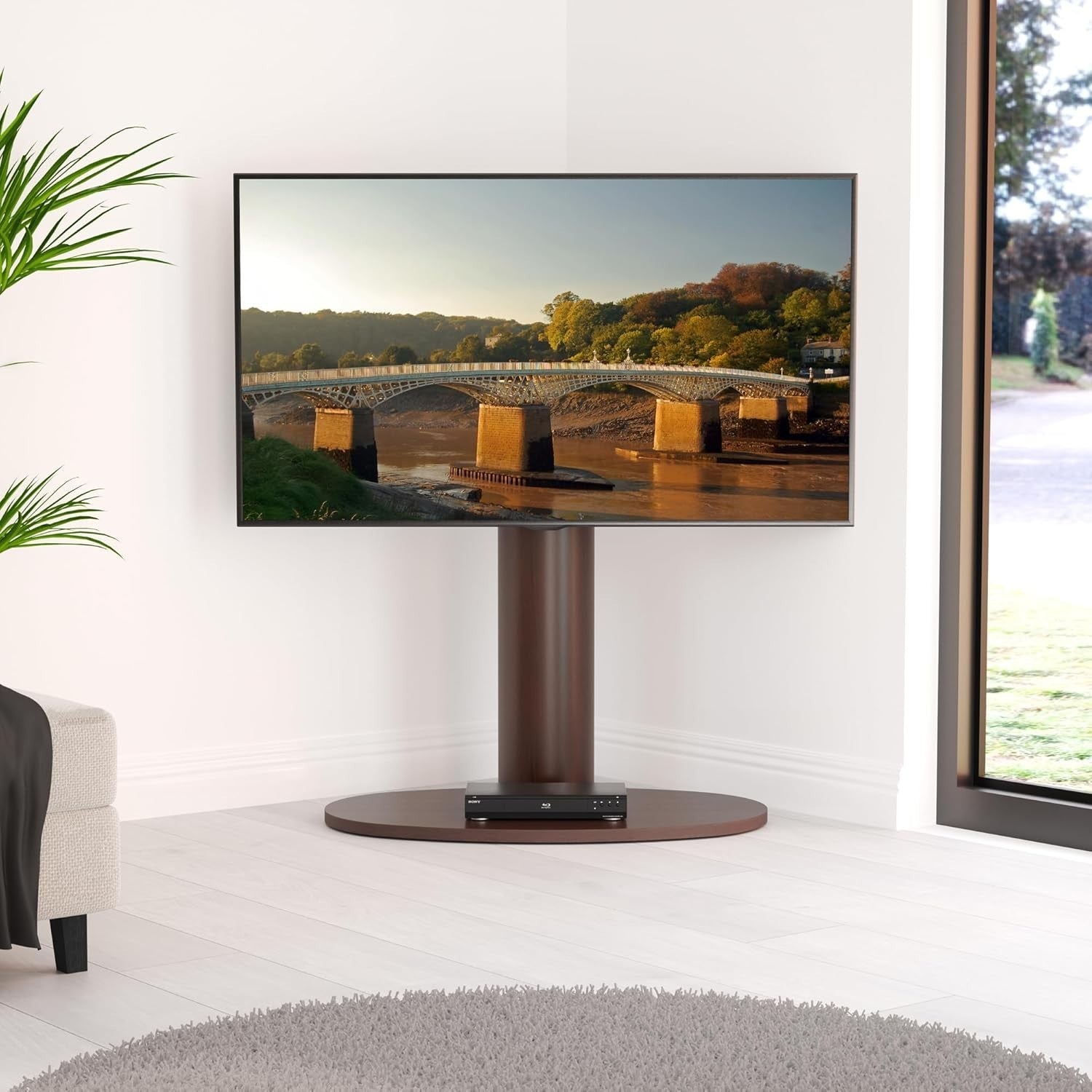 Tall Wood TV Stand Swivel Mount 65” Max, VESA, Adjustable, Modern