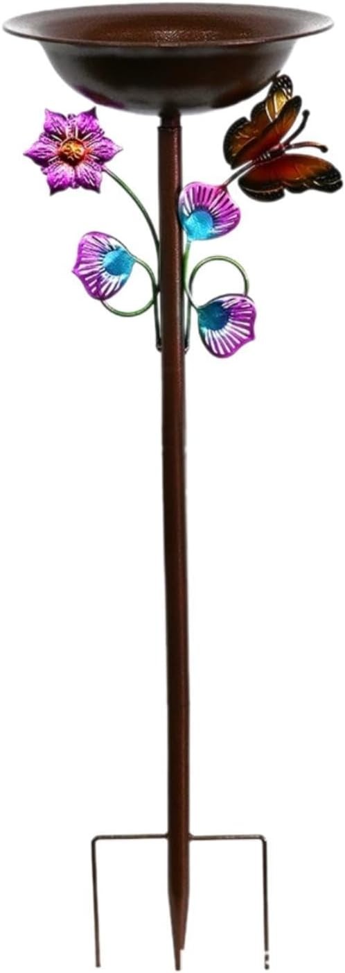 Outdoor Bird Bath Feeder Metal Butterfly Garden Stand Decor for Patio & Lawn