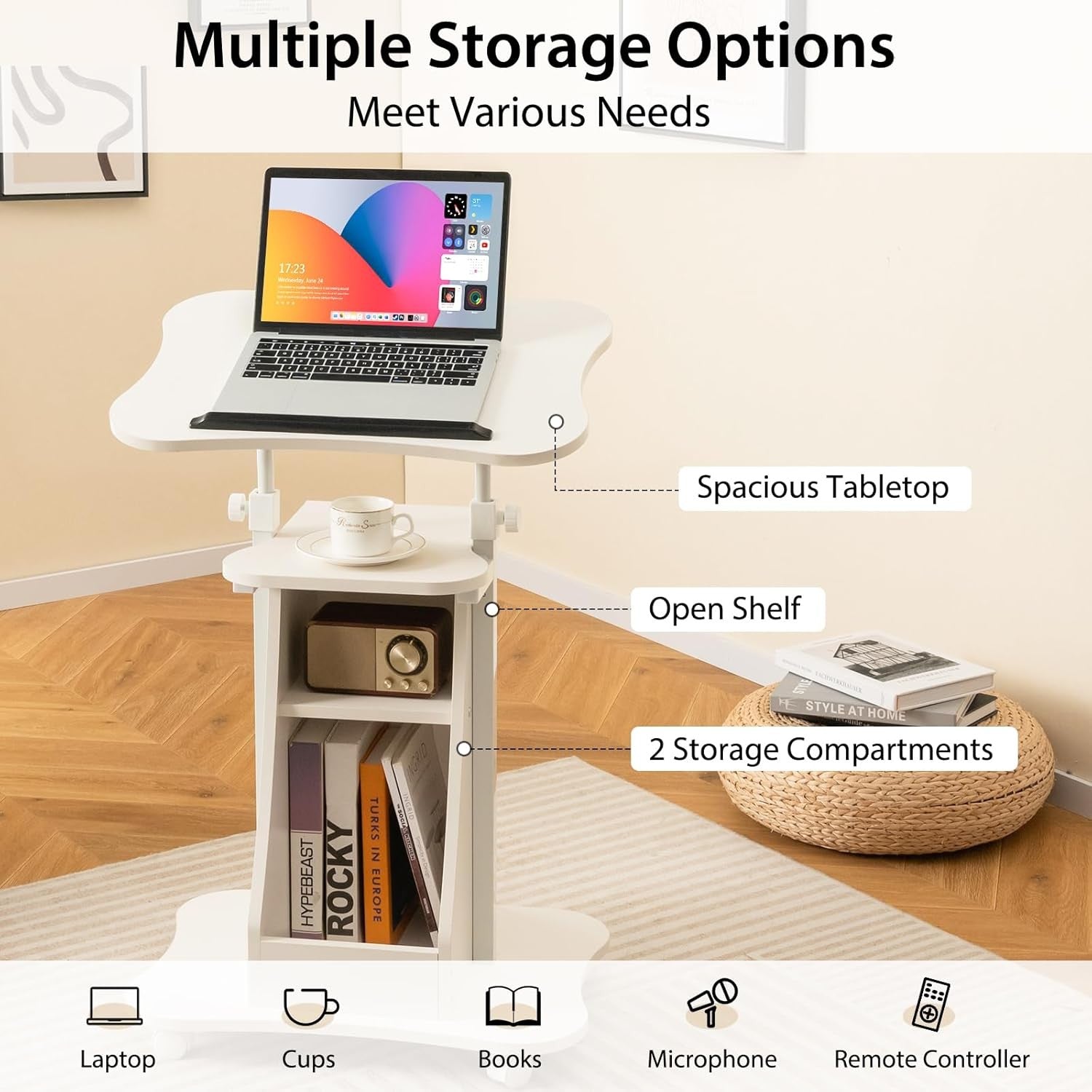 Height Adjustable Overbed Laptop Table on Wheels Storage Cabinet White