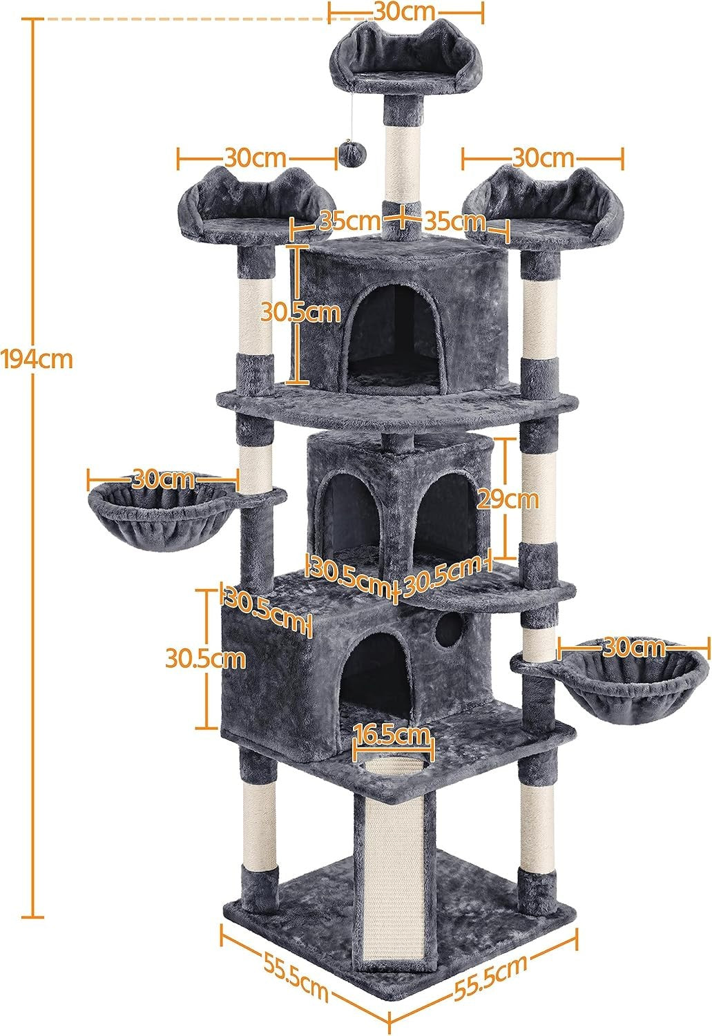 194cm Dark Grey Cat Tree Tower with Condos Baskets Scratching Posts