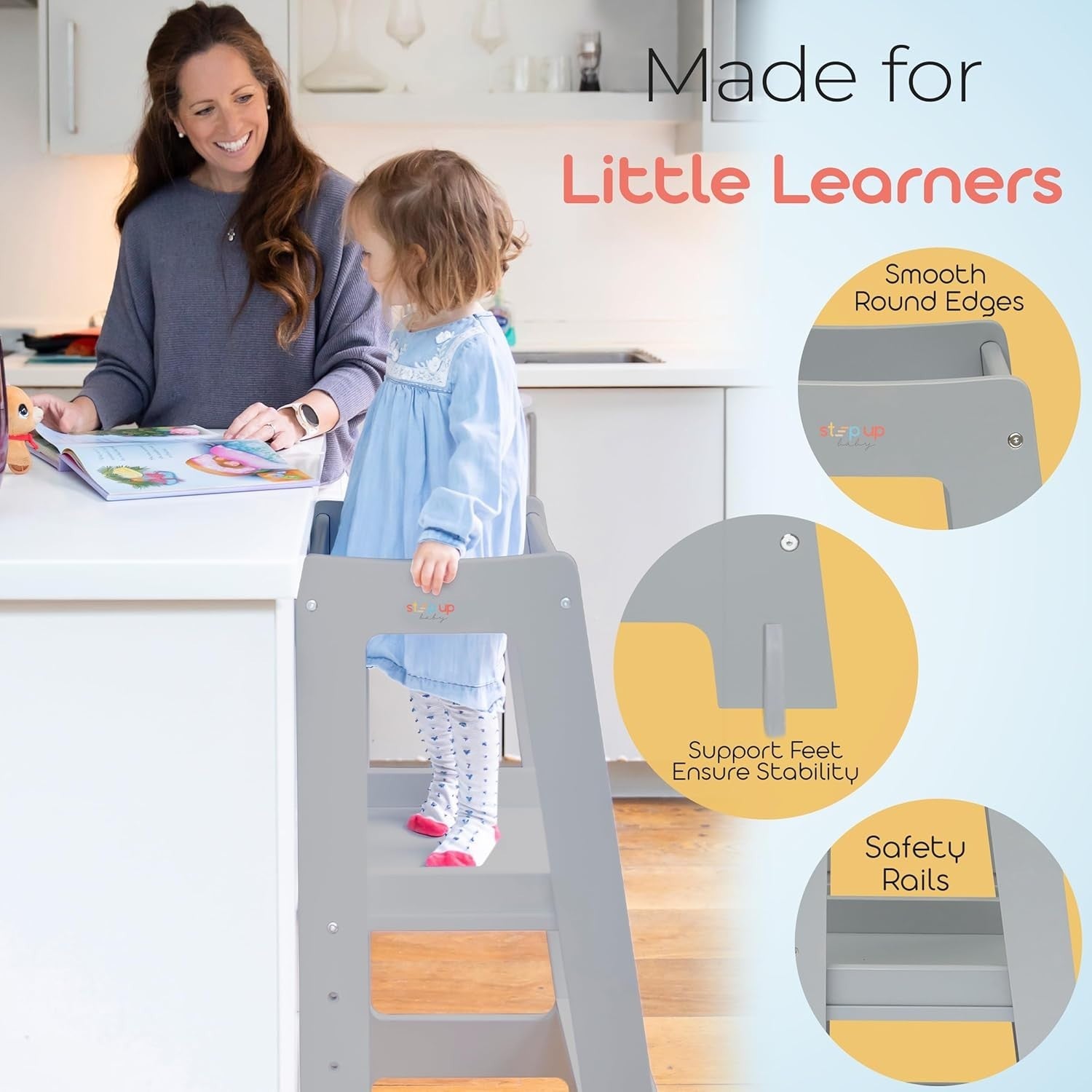 Adjustable Toddler Learning Tower with Safety Rail & Non-Slip Step, Grey