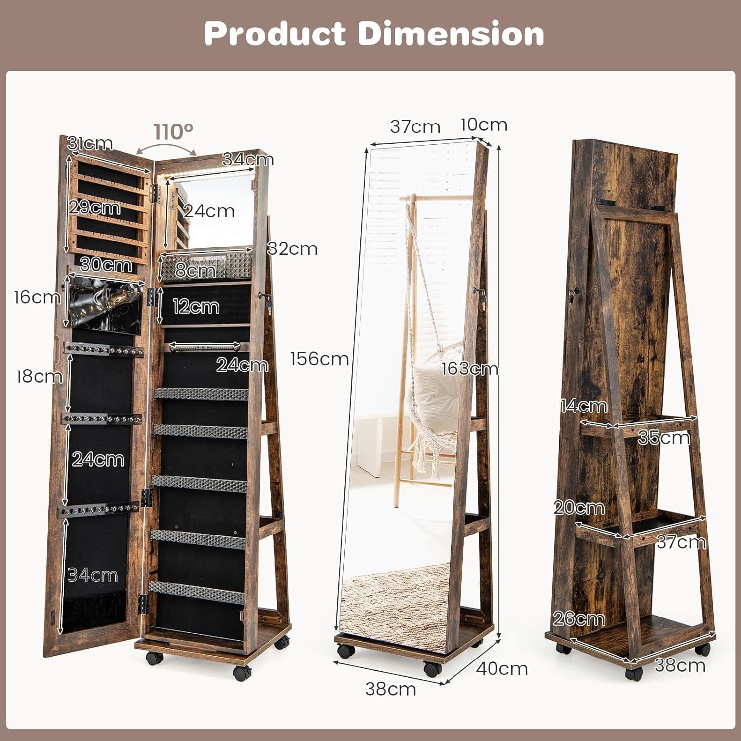 Swivel Jewelry Cabinet with LED Mirror Lockable Storage Wheels Rustic Brown