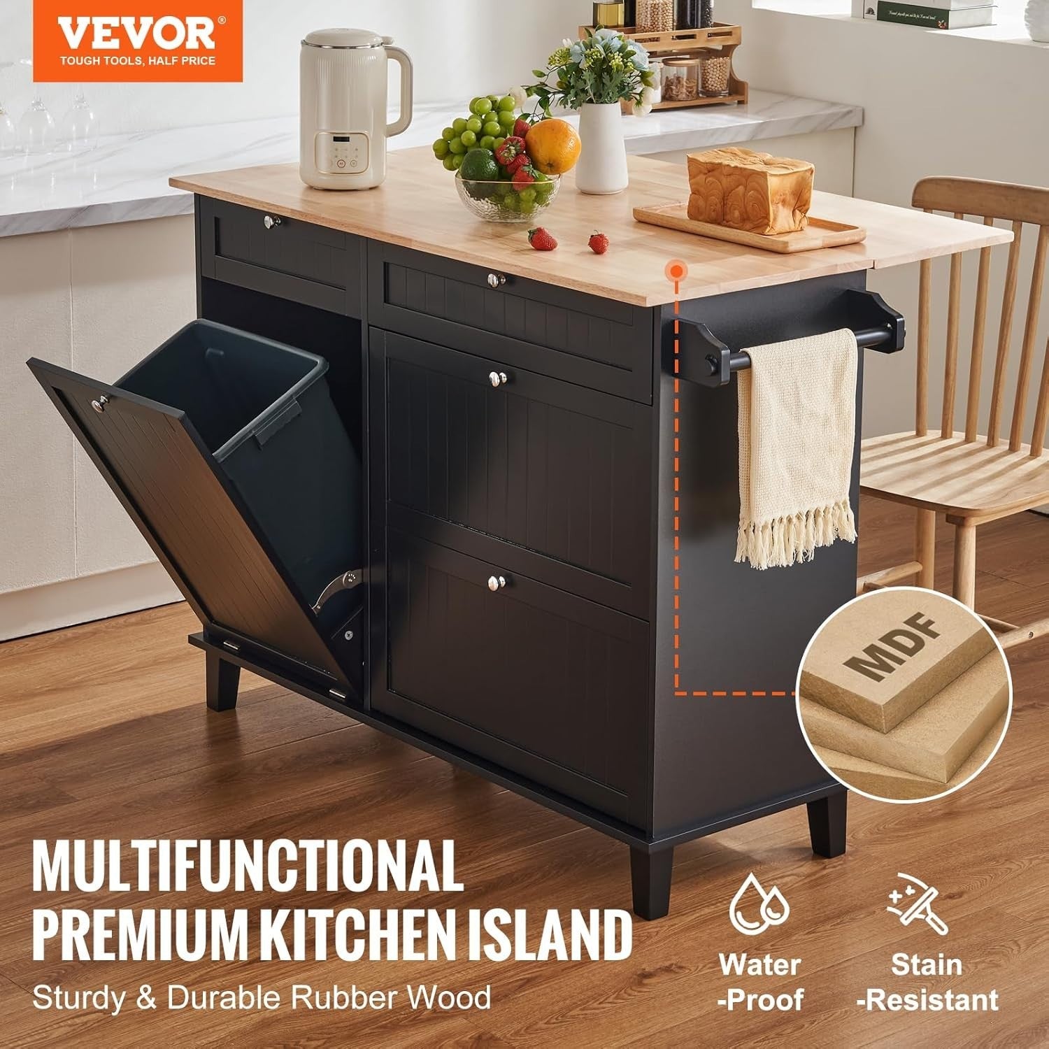 50" Kitchen Island Cart with Drop Leaf, Trash Cabinet, Drawer & Storage – Black