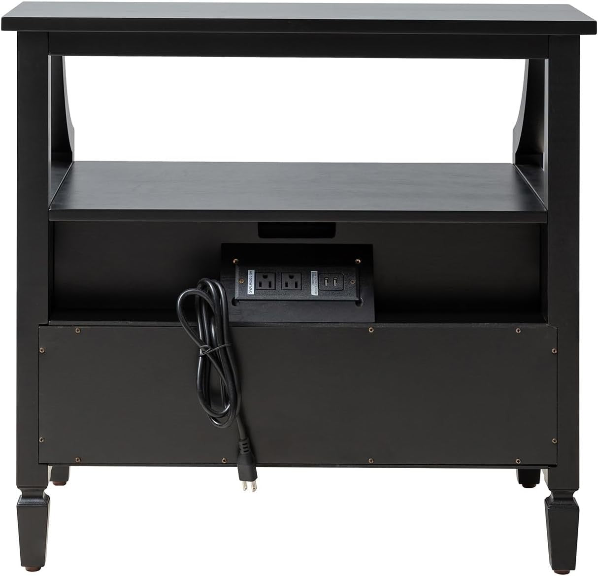 Modern Black Bedside Table with 2 Drawers & Open Shelf, Solid Wood Legs