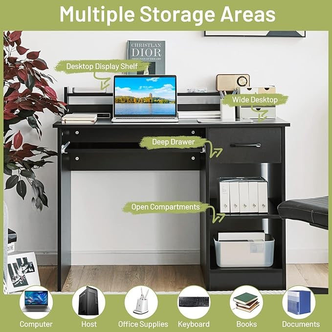 Computer Desk with Storage Drawer & Keyboard Tray Home Office Study Desk Black