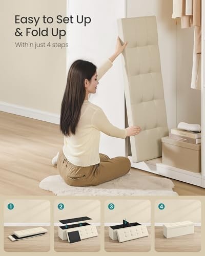 Cream White Storage Ottoman Bench 110cm Folding Seat Footstool End-of-Bed