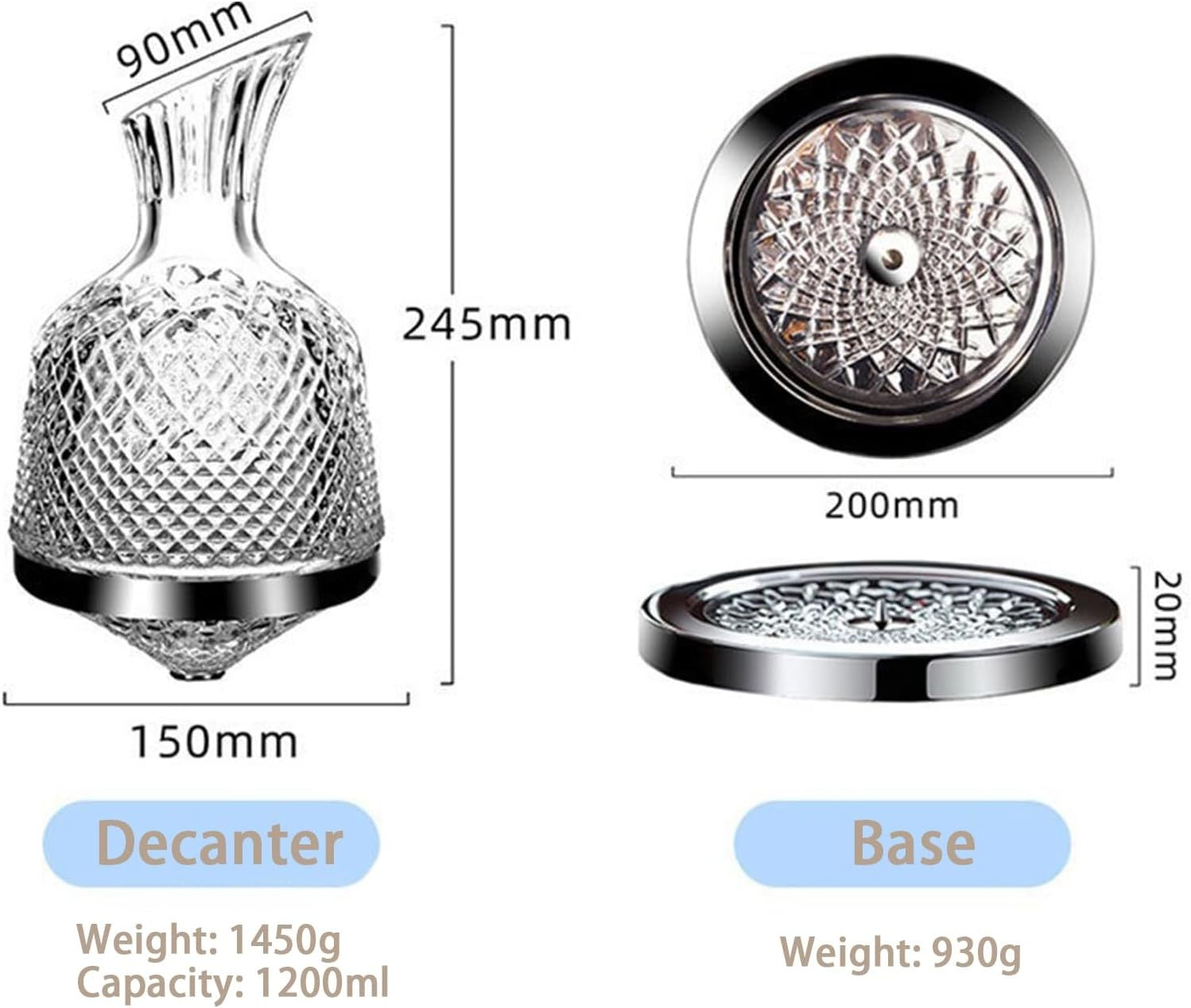 Spinning Crystal Wine Decanter 1.5L with Base Lead-Free Aerator Luxury Gift Set
