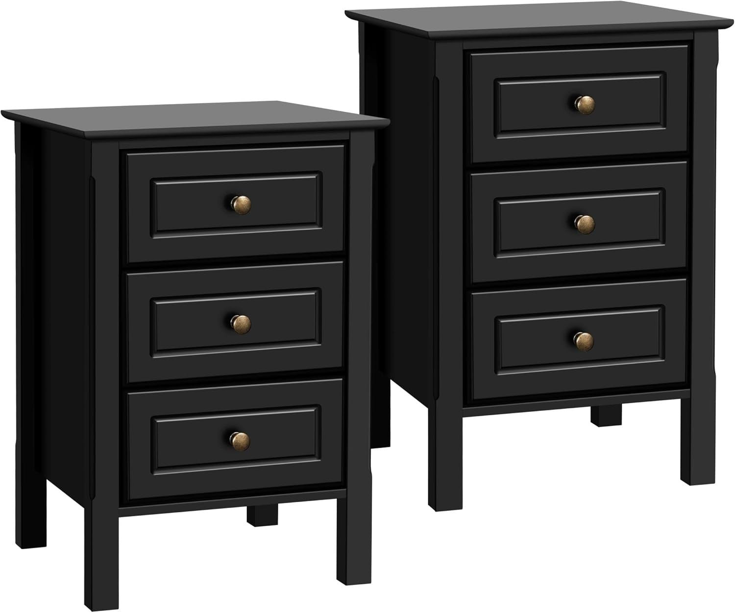 Black Wooden Bedside Tables Set of 2 – 3 Drawer Nightstand