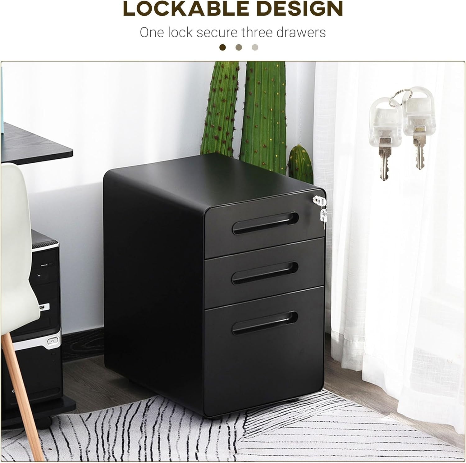 Black 3 Drawer Lockable Filing Cabinet with Wheels – A4 Vertical Office Storage