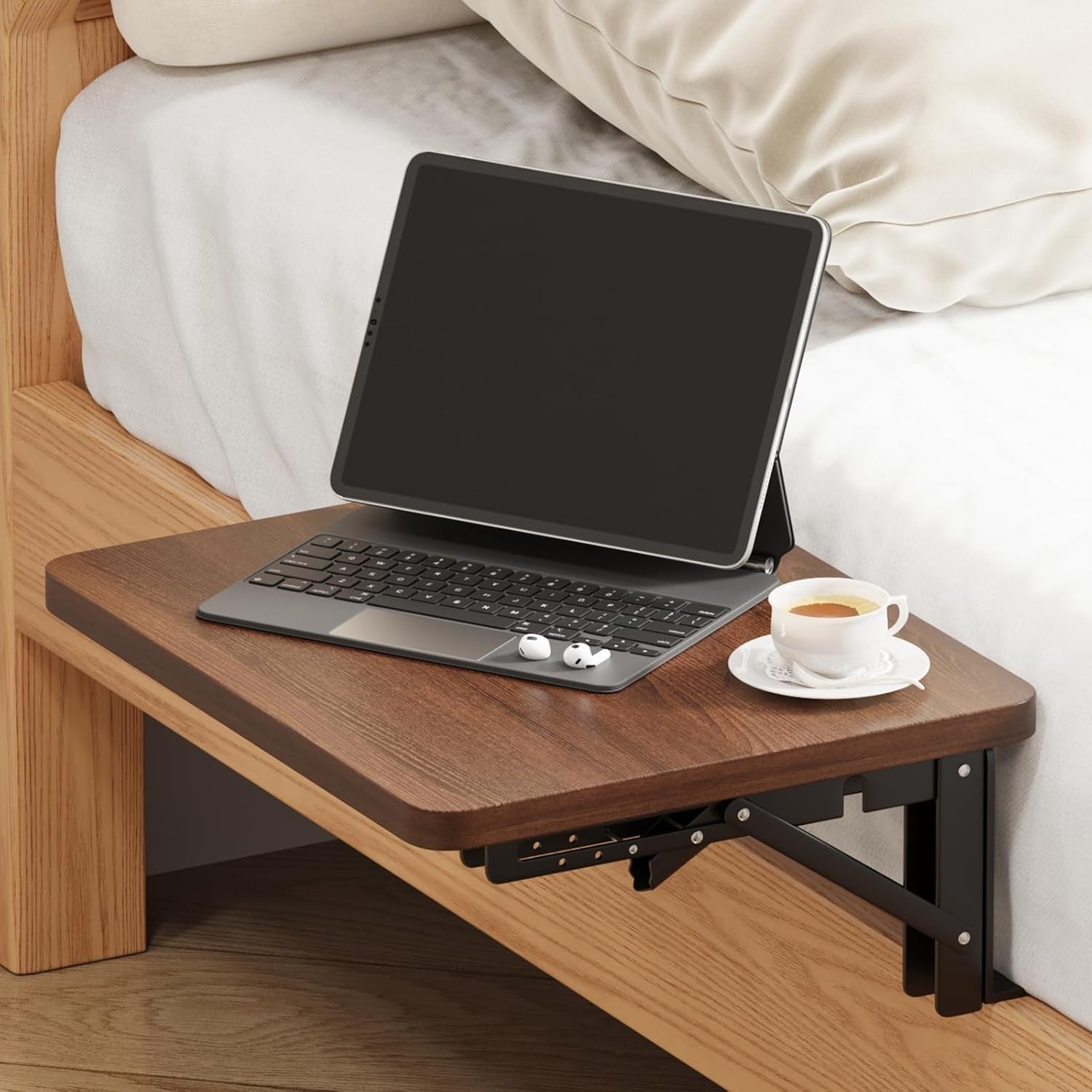 Floating Bedside Shelf Table for Small Spaces – Bed-Mounted Folding Tray