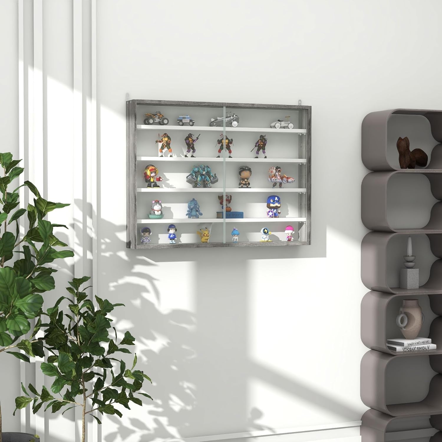 5-Tier Grey Wood Display Cabinet | Wall-Mounted Glass Sliding Door Shelf 60×80cm