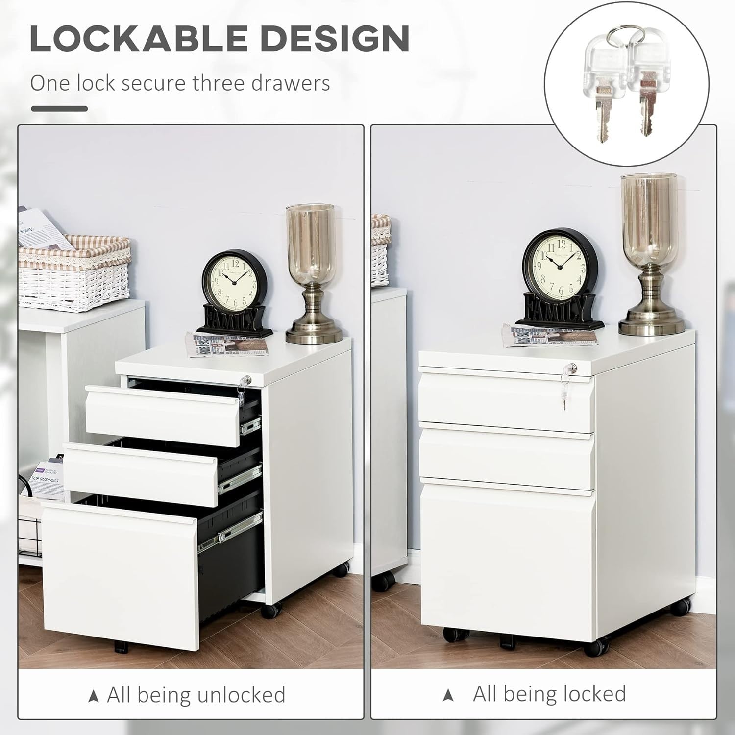 3 Drawer Mobile Filing Cabinet with Lock Under Desk Office Storage White
