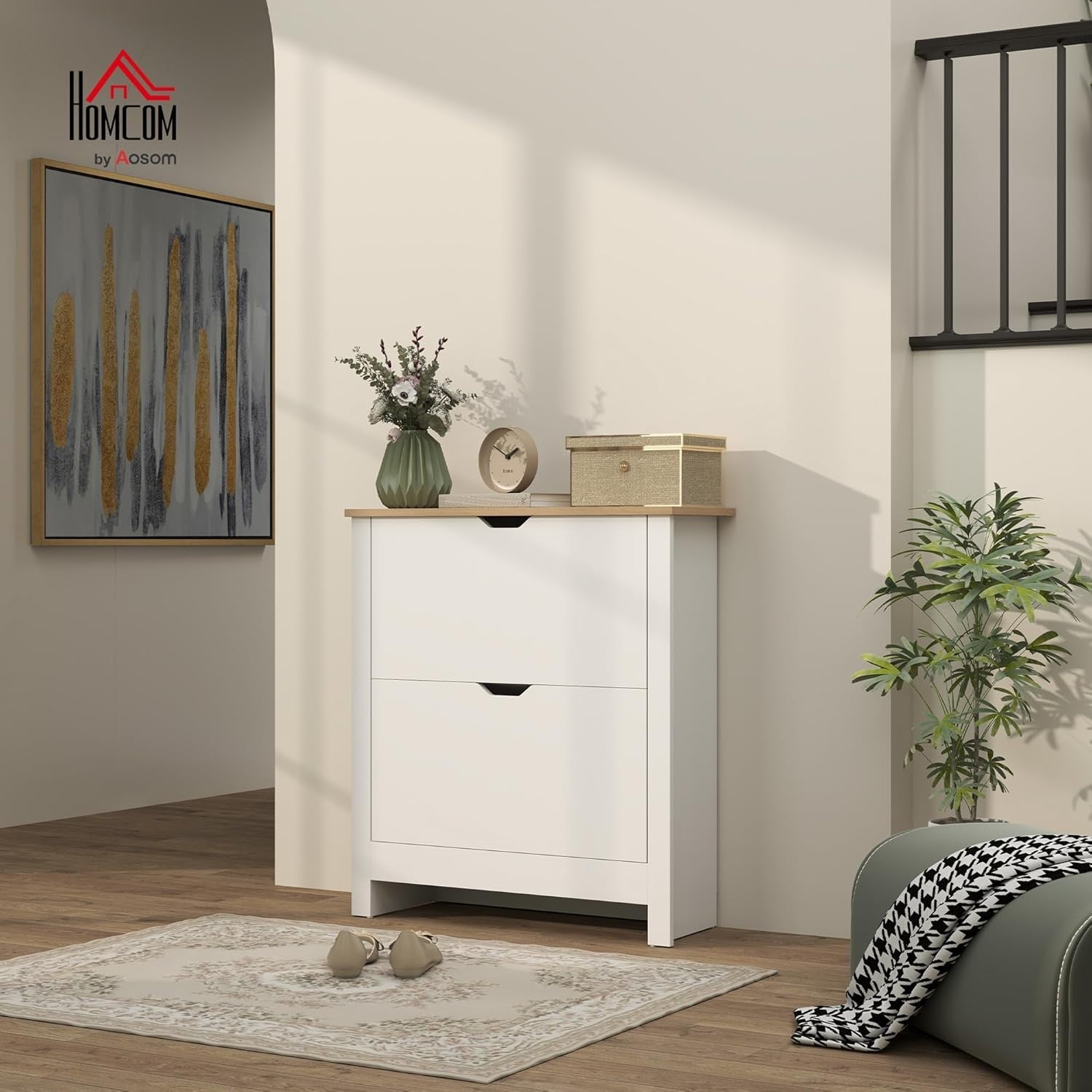 Slim White Shoe Cabinet 2 Flip Drawers Gloss Finish Narrow Storage Unit