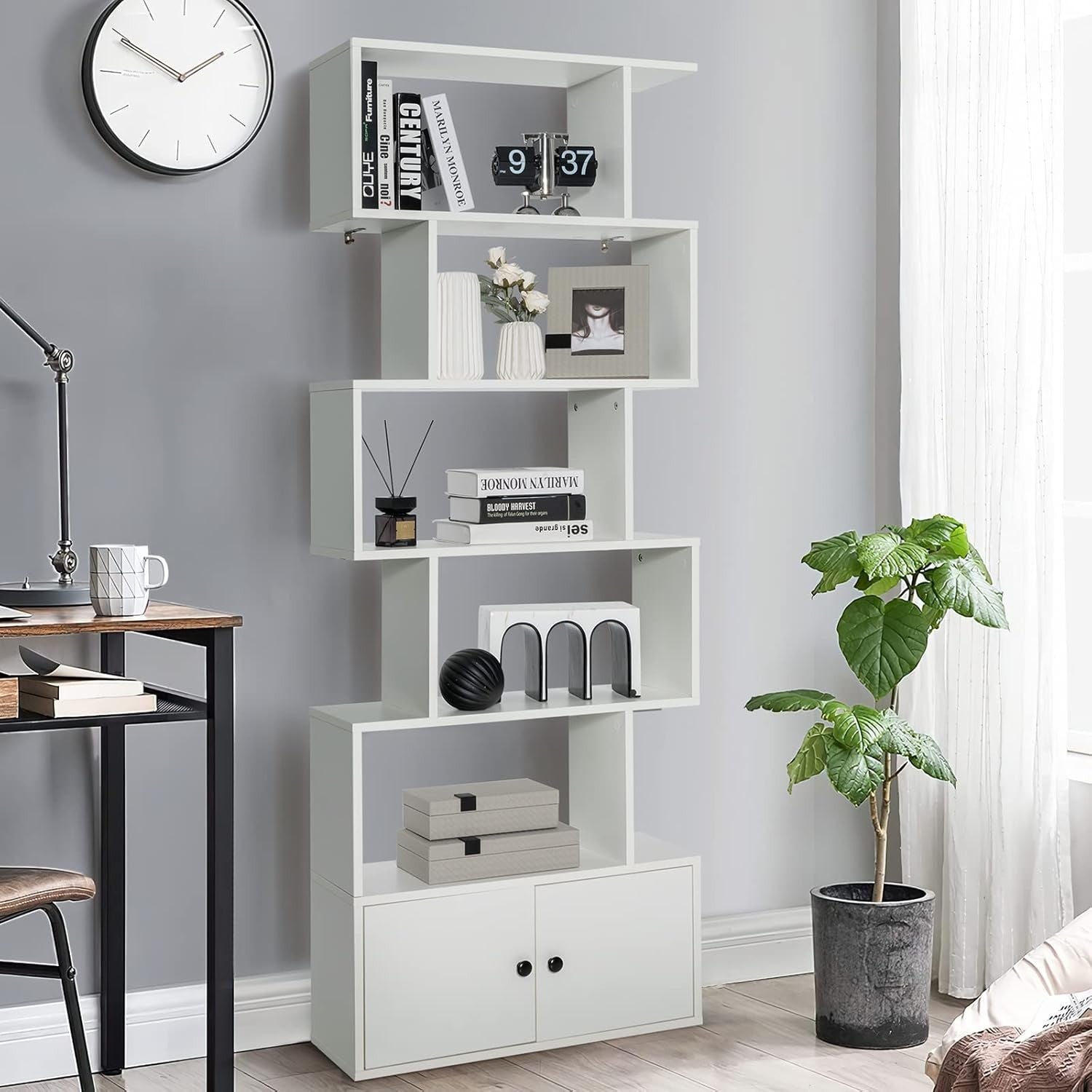 White S-Shaped 6 Tier Bookcase Tall Freestanding Storage Shelf with Cabinet