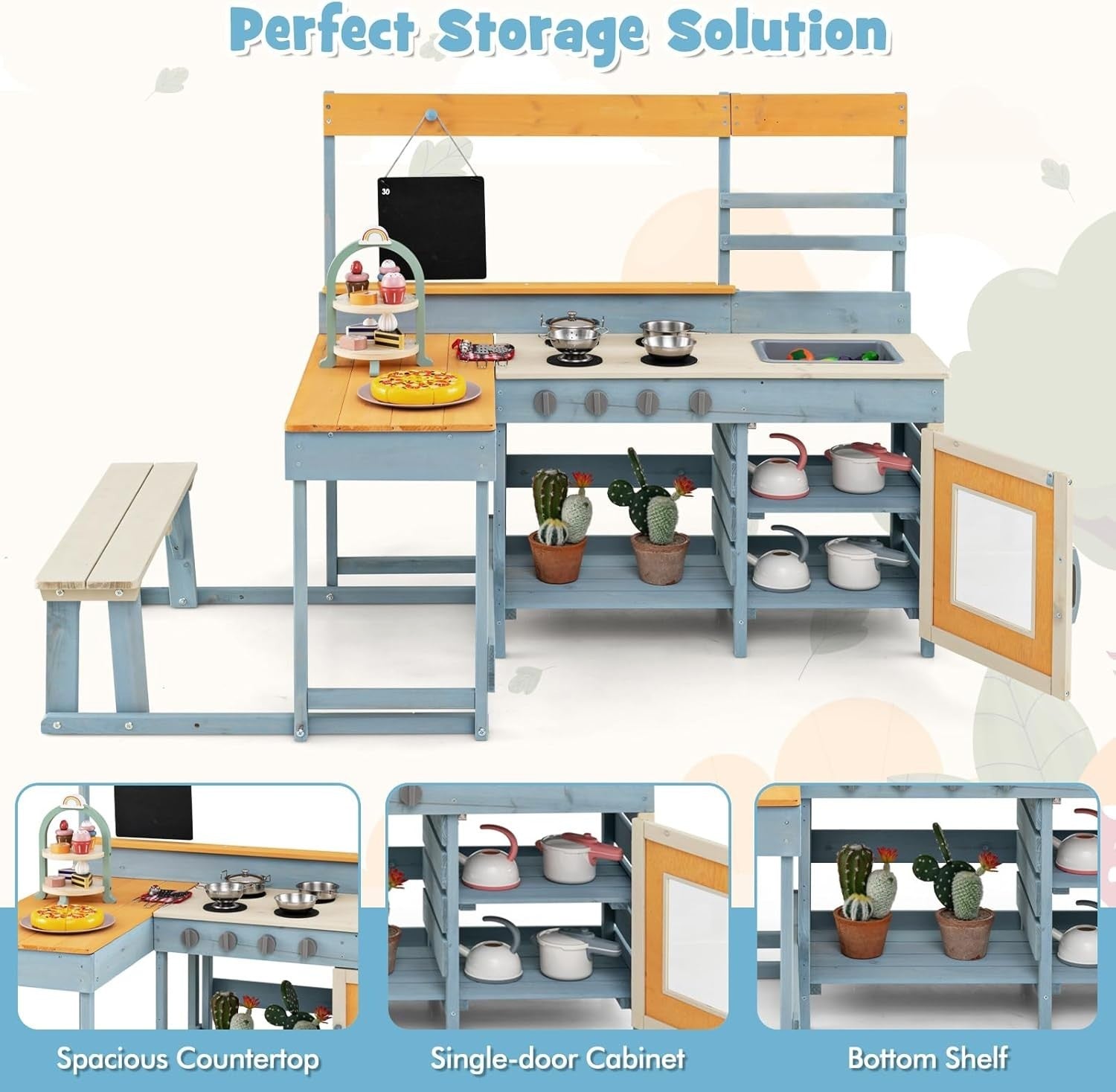 Outdoor Mud Kitchen Kids Playset w/ Picnic Table Dessert Toys