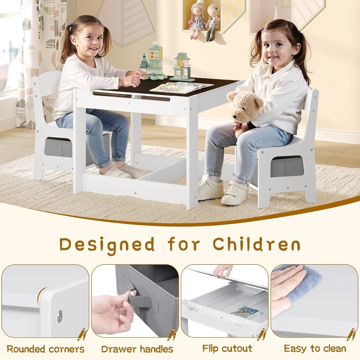 3-in-1 Kids Table & Chair Set with Storage Boxes, Space-Saving Bench