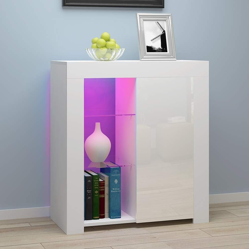 White LED Sideboard Cabinet with Glass Shelf & Storage 75x35x83cm Modern