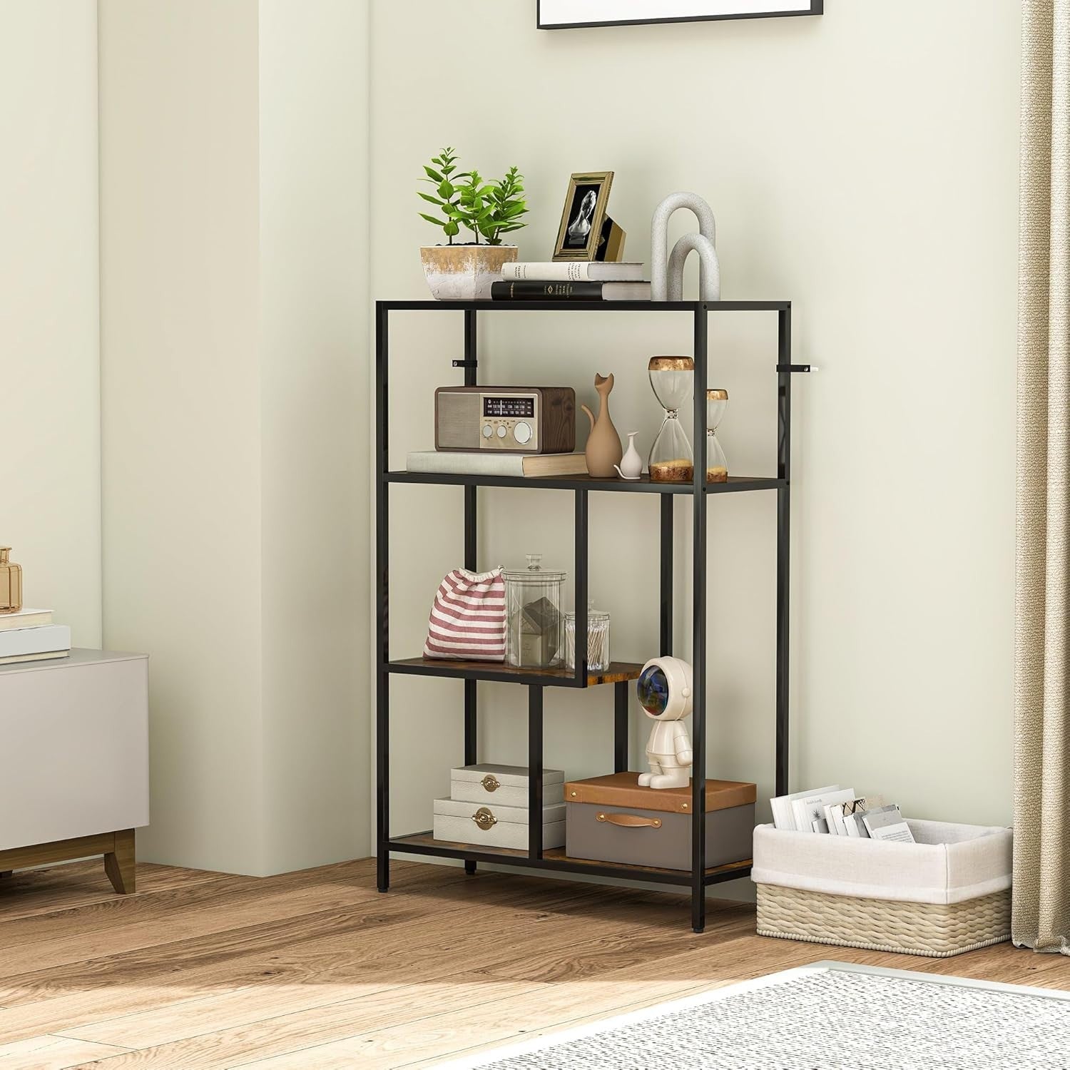 4 Tier Industrial Bookcase Rustic Brown Metal Frame Freestanding Shelf 116cm