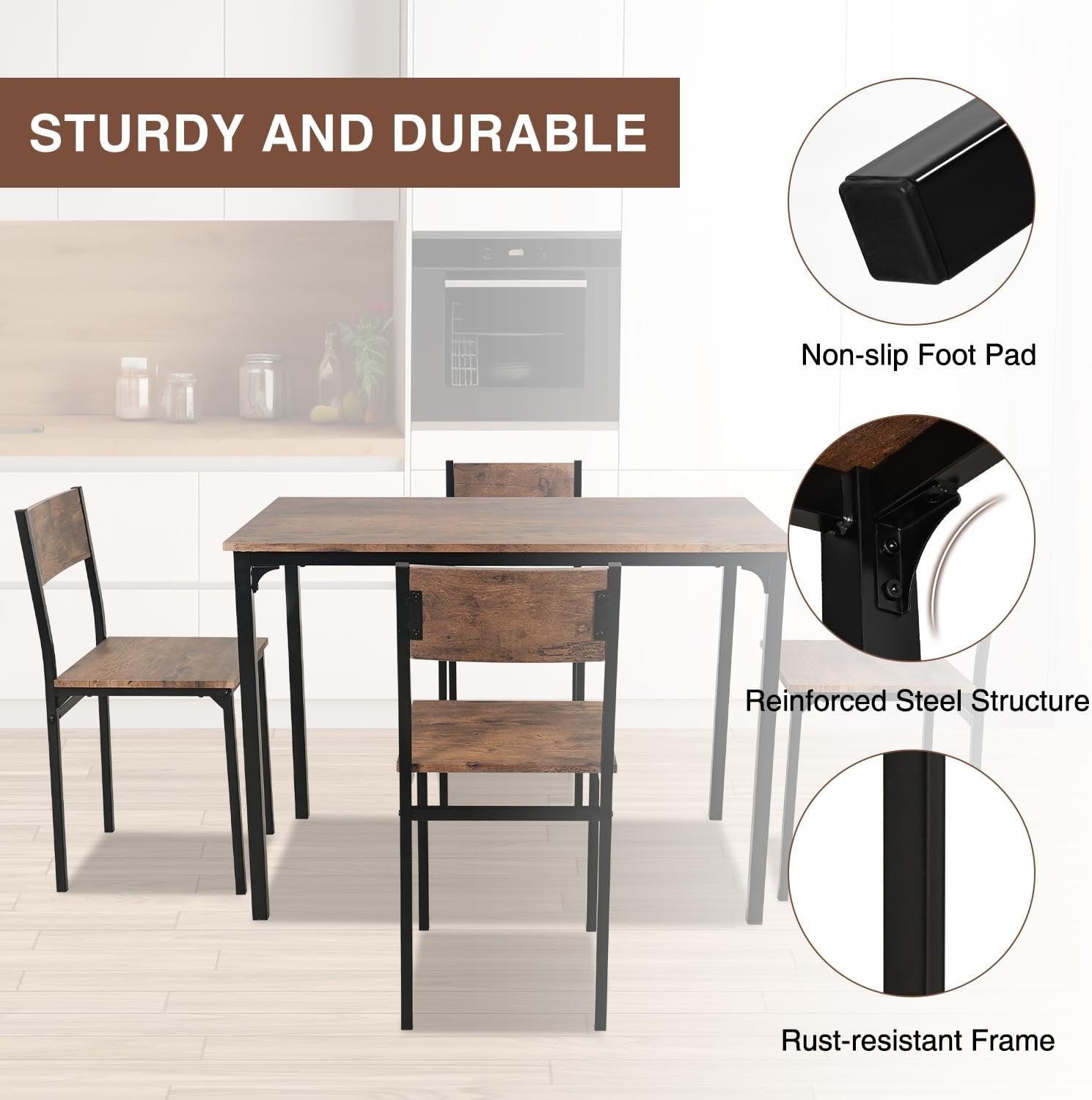 Rustic Brown Dining Table & 4 Chairs Set - Compact, Durable & Space Saving