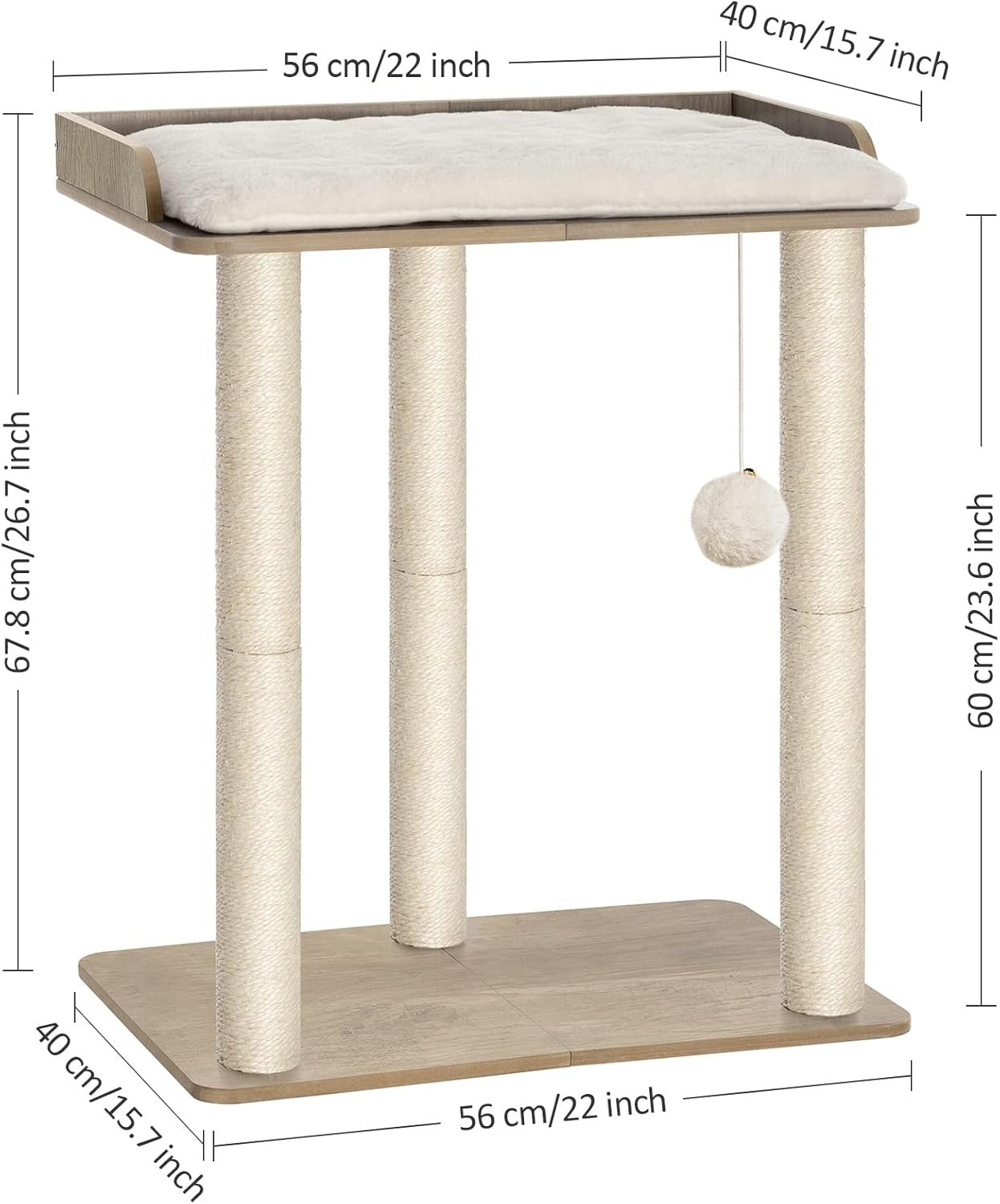 Wooden Cat Tree Scratching Post Greige 68cm Platform Tower for Indoor Cats