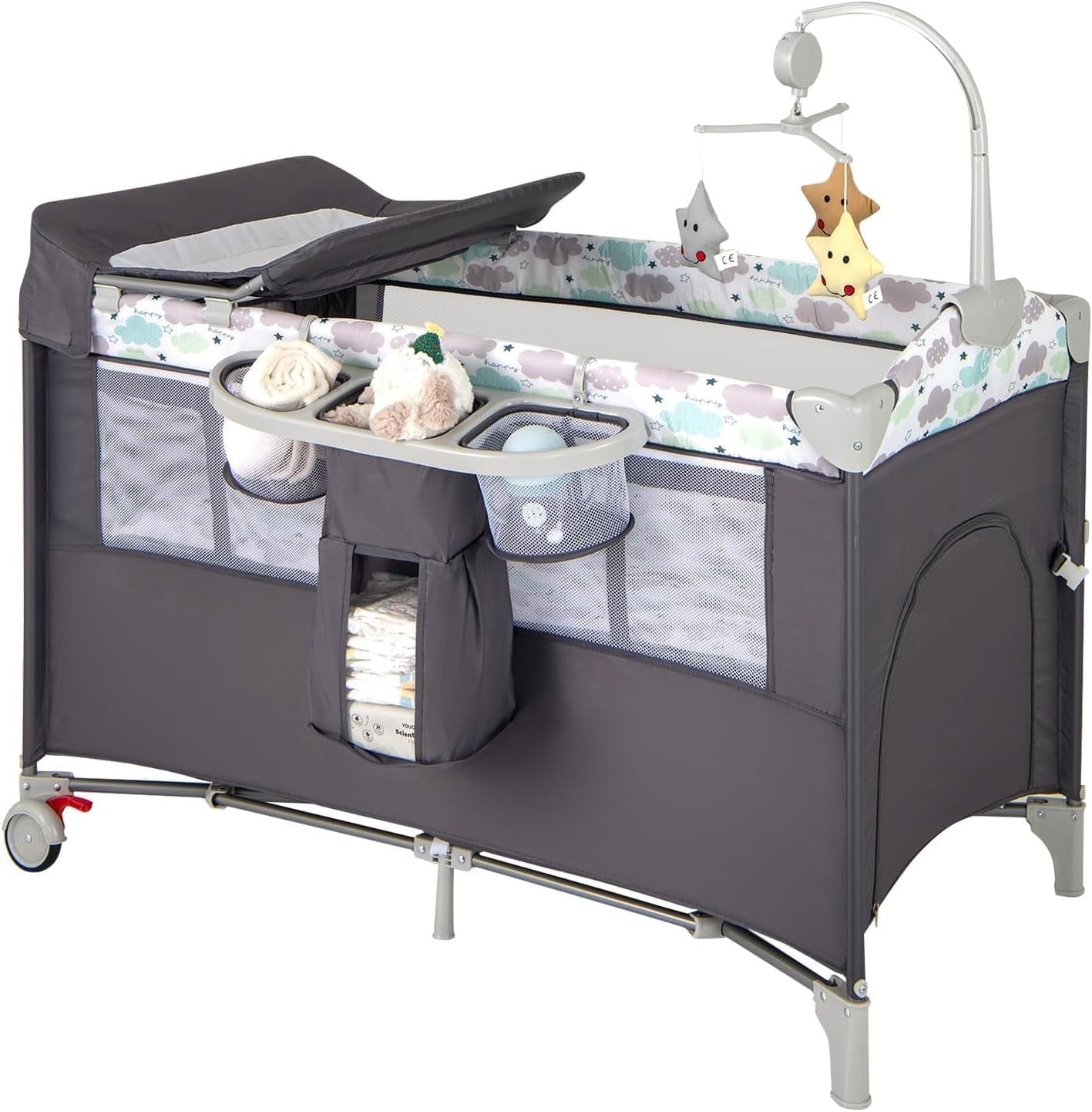5in1 Baby Travel Cot Foldable Crib with Mattress Basket Changer & Storage Dark