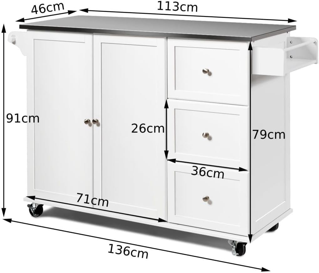 Kitchen Island Cart on Wheels Storage Cabinet Trolley with Steel Worktop